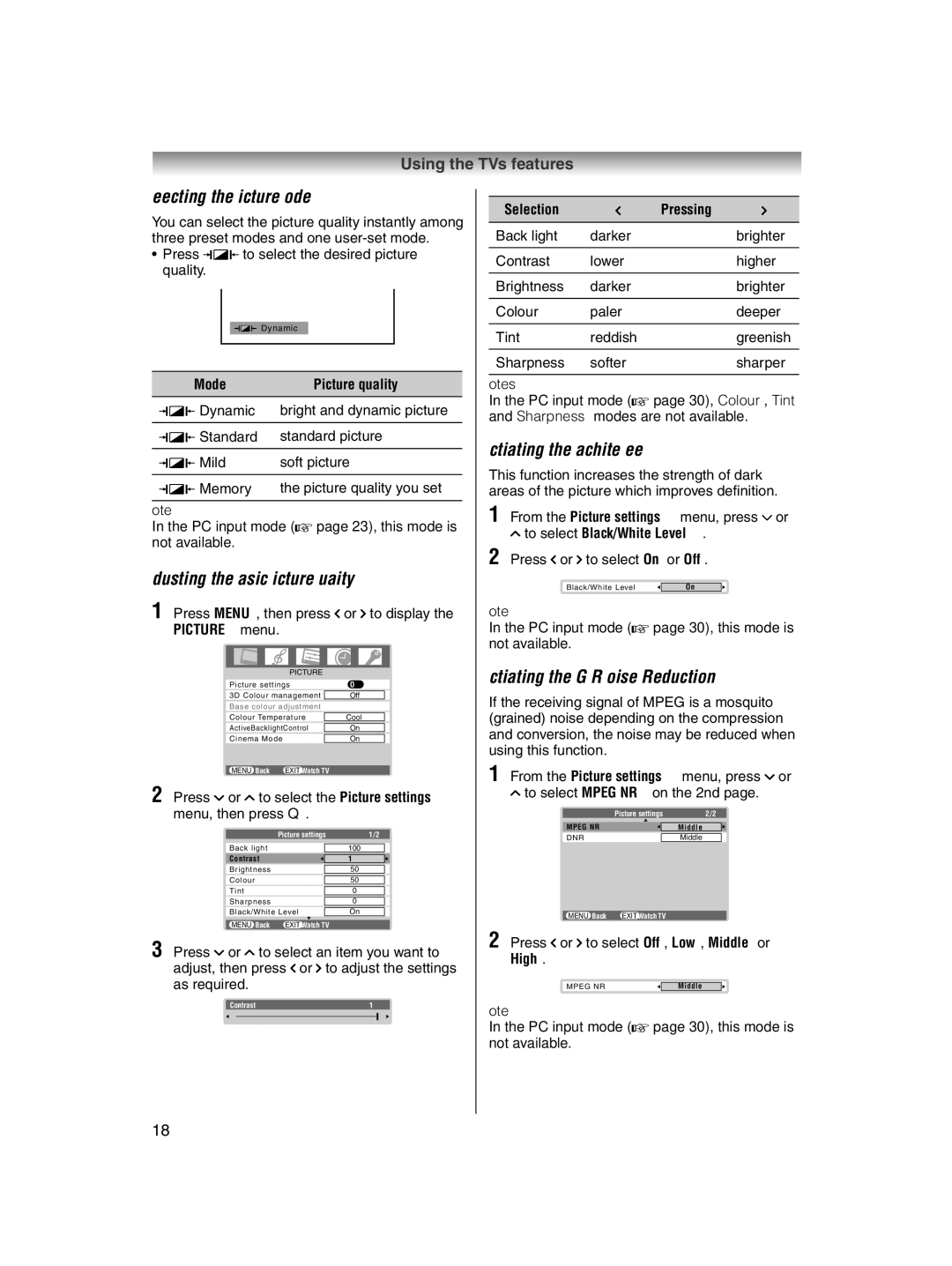 Toshiba 32AV600E Selecting the picture mode, Adjusting the basic picture quality, Activating the black/white level 