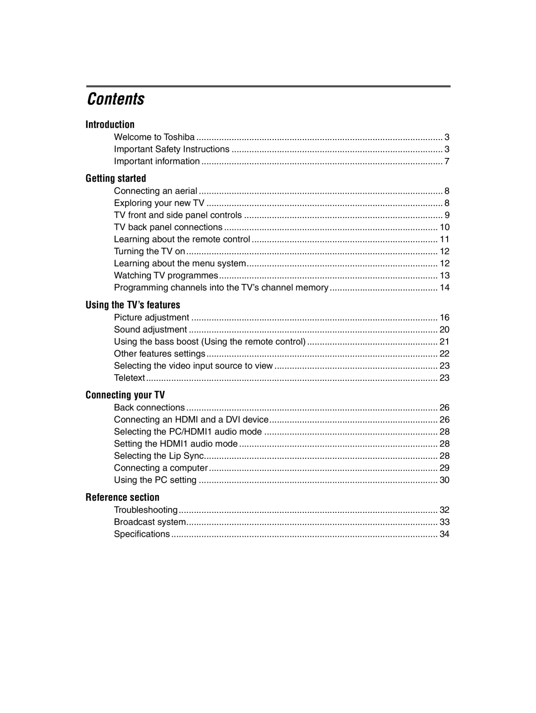 Toshiba 32AV600E owner manual Contents 