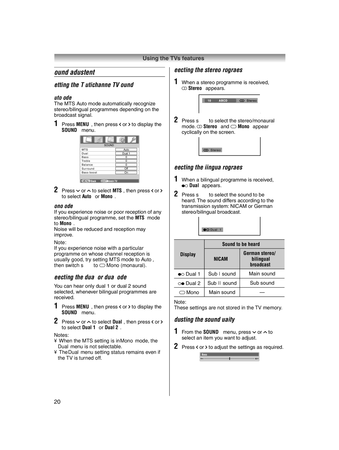 Toshiba 32AV600E owner manual Sound adjustment, Selecting the dual 1 or dual 2 mode, Selecting the stereo programmes 