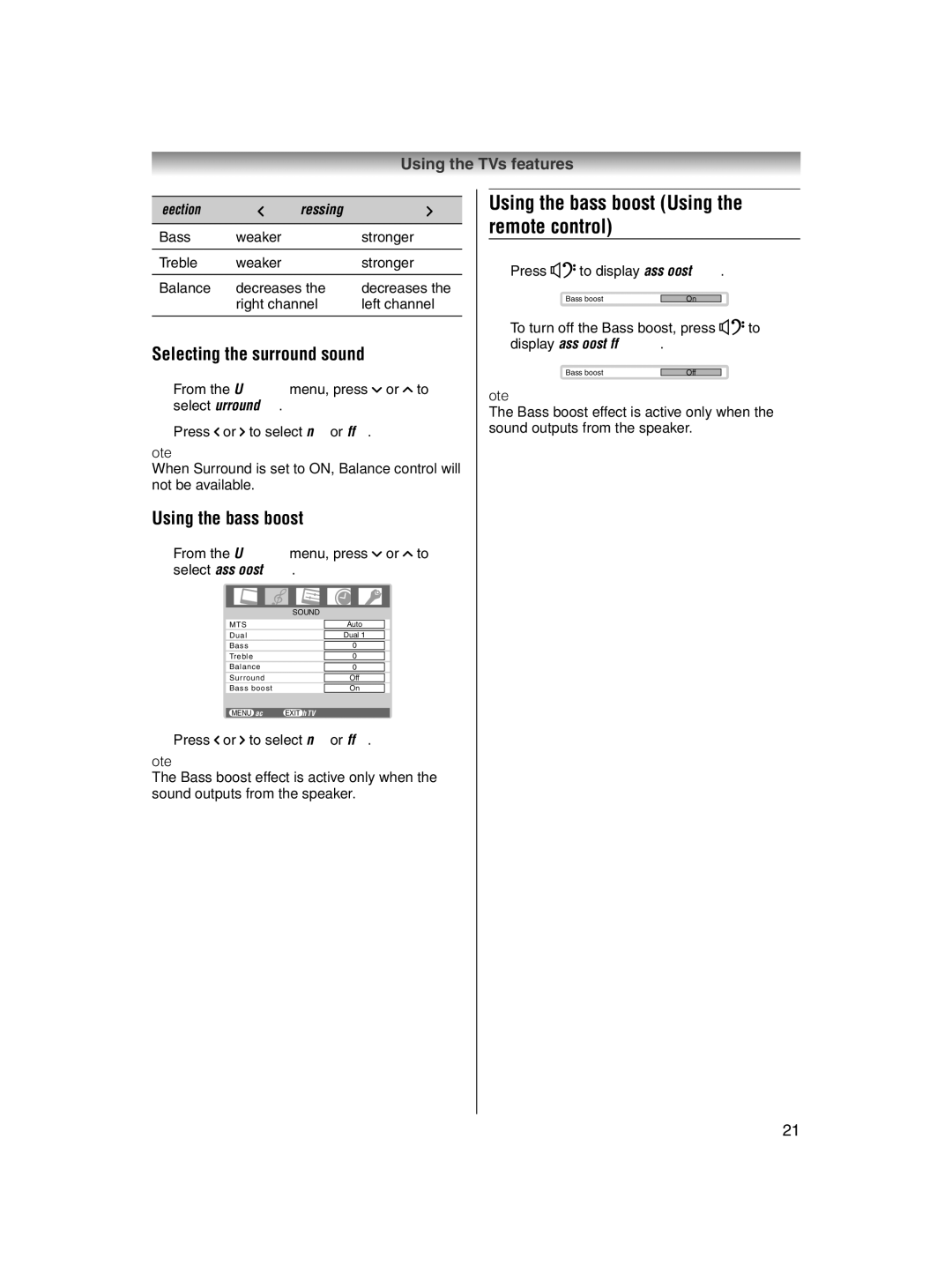 Toshiba 32AV600E owner manual Using the bass boost Using the remote control, Selecting the surround sound, Selection 