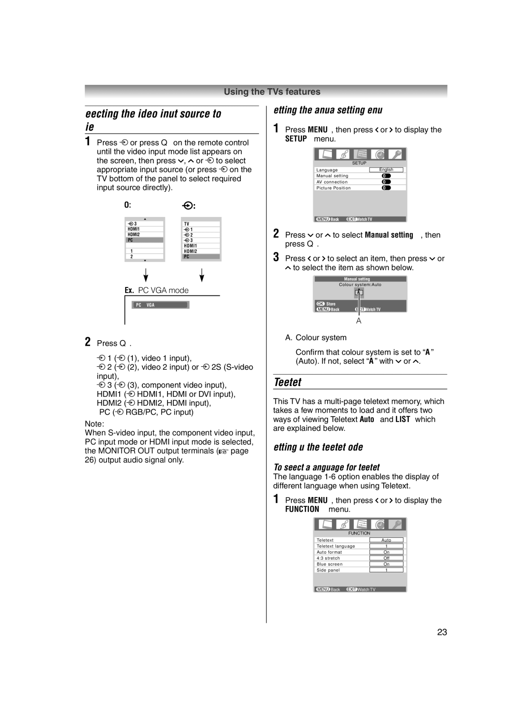 Toshiba 32AV600E owner manual Selecting the video input source to view, Teletext, Setting the manual setting menu 