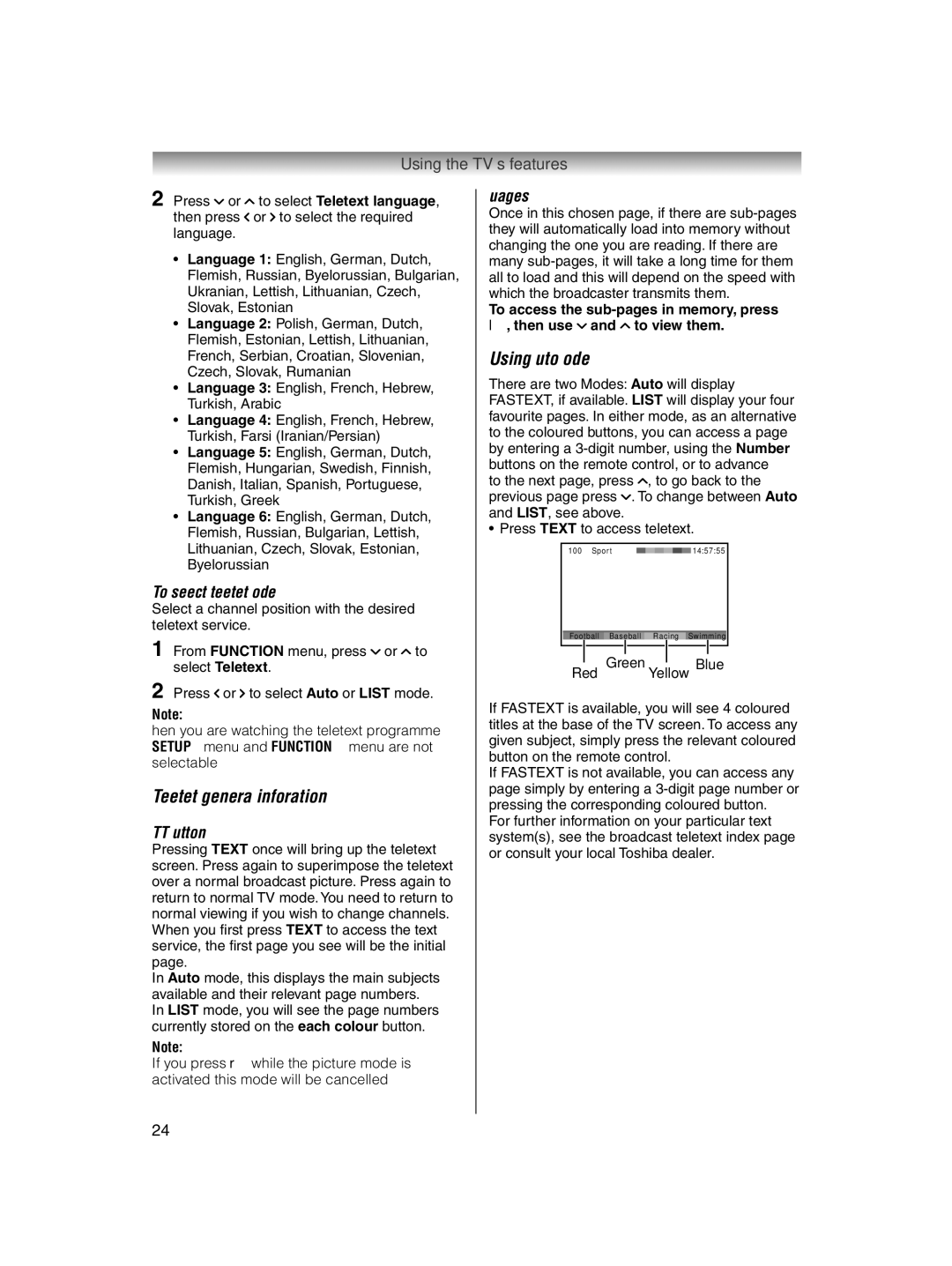 Toshiba 32AV600E Teletext general information, Using Auto mode, To select teletext mode, Text button, Sub-pages 