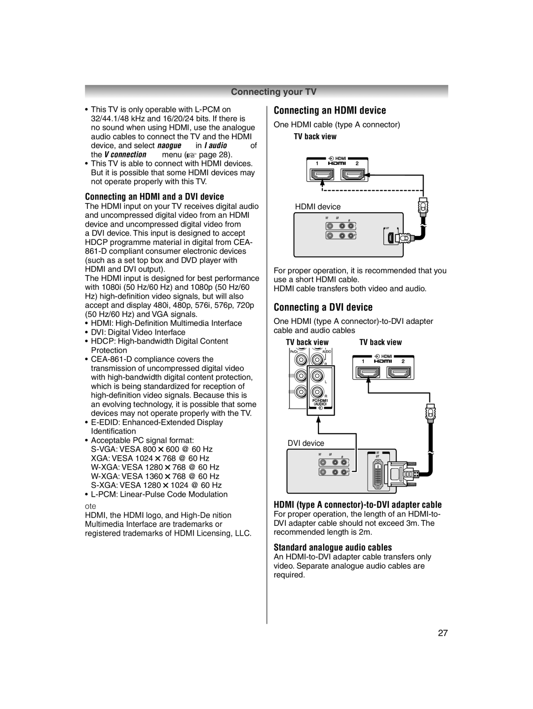 Toshiba 32AV600E owner manual Connecting an Hdmi device, Connecting a DVI device, Connecting an Hdmi and a DVI device 