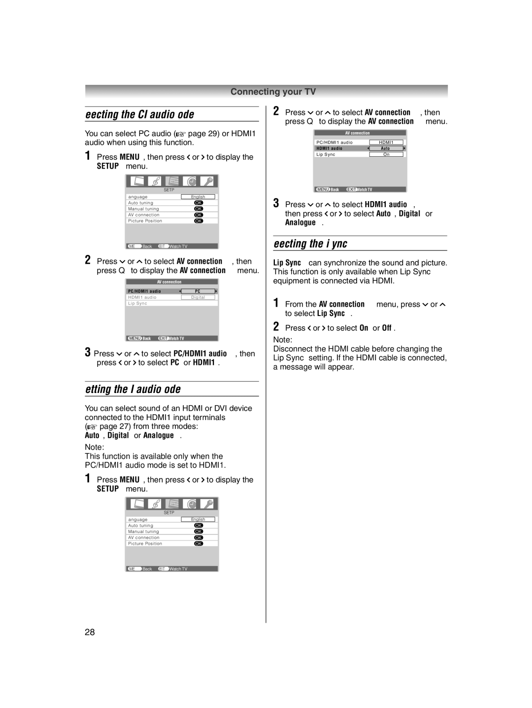 Toshiba 32AV600E Setting the HDMI1 audio mode, Selecting the Lip Sync, Press MENU, then press I or i to display 