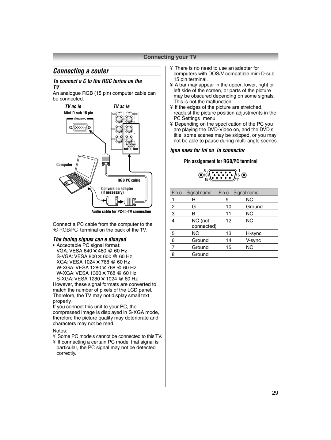 Toshiba 32AV600E owner manual Connecting a computer, To connect a PC to the RGB/PC terminal on the TV, Pin No Signal name 