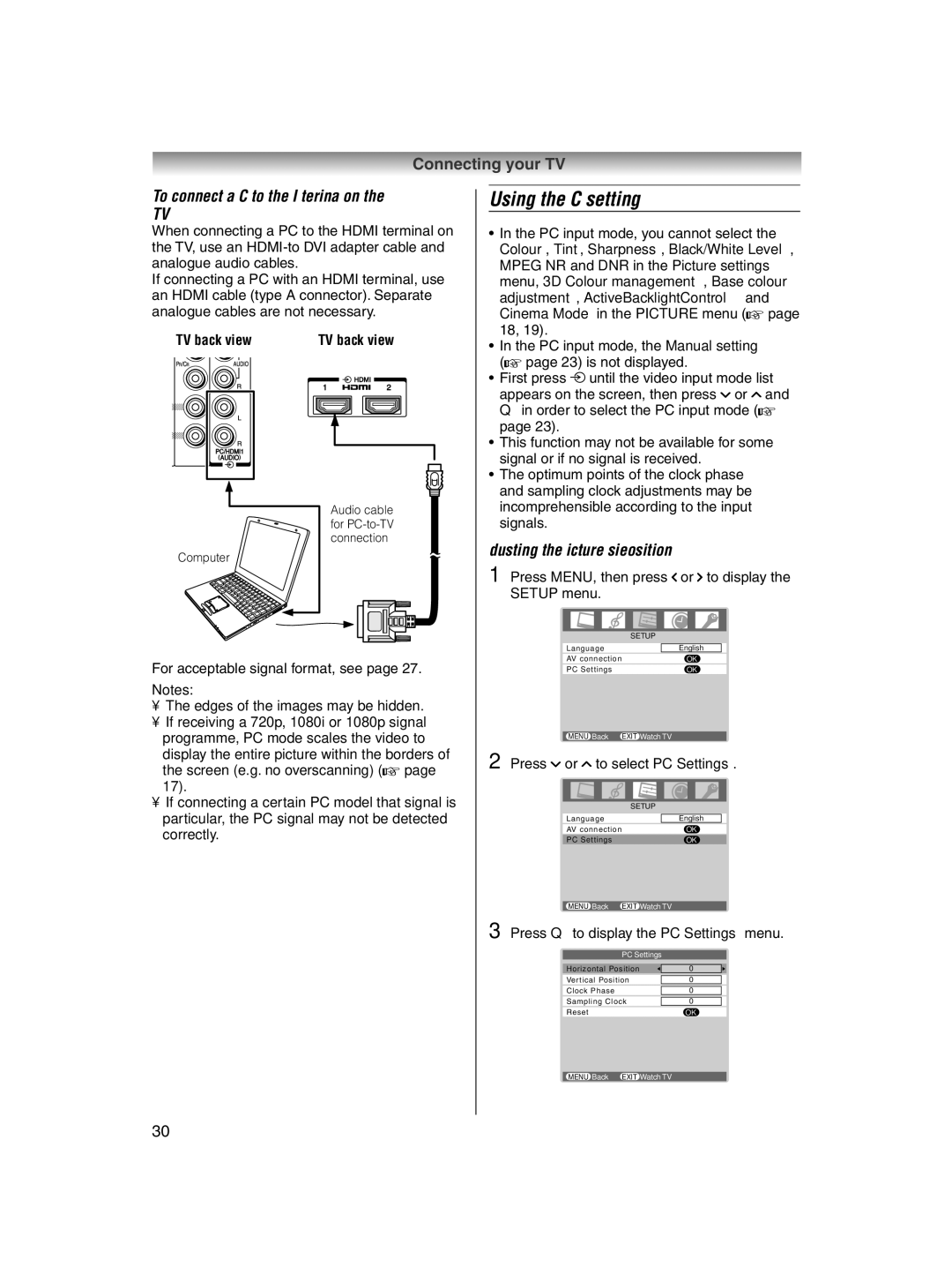 Toshiba 32AV600E Using the PC setting, To connect a PC to the Hdmi terminal on the TV, Adjusting the picture size/position 