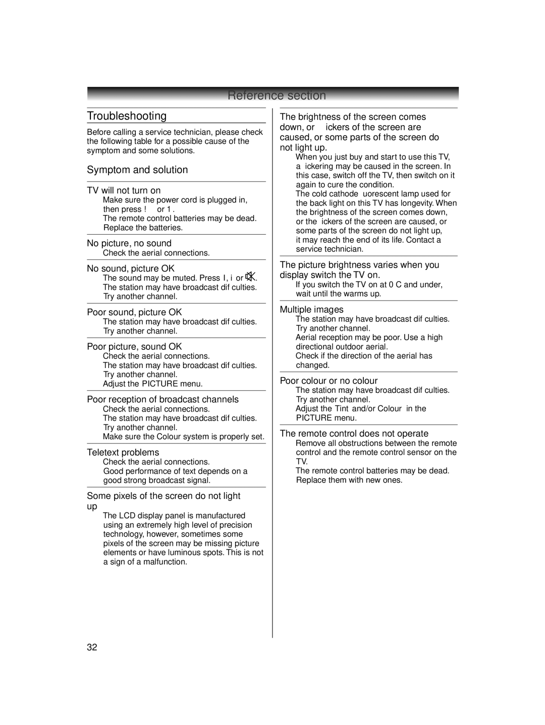 Toshiba 32AV600E owner manual Troubleshooting, Symptom and solution 