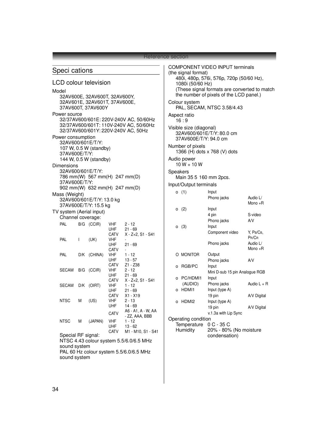 Toshiba 32AV600E owner manual Speciﬁcations, LCD colour television 