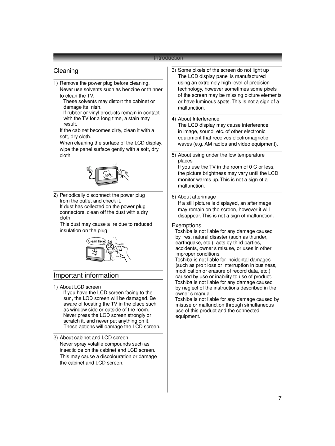 Toshiba 32AV600E owner manual Important information, Cleaning, Exemptions 