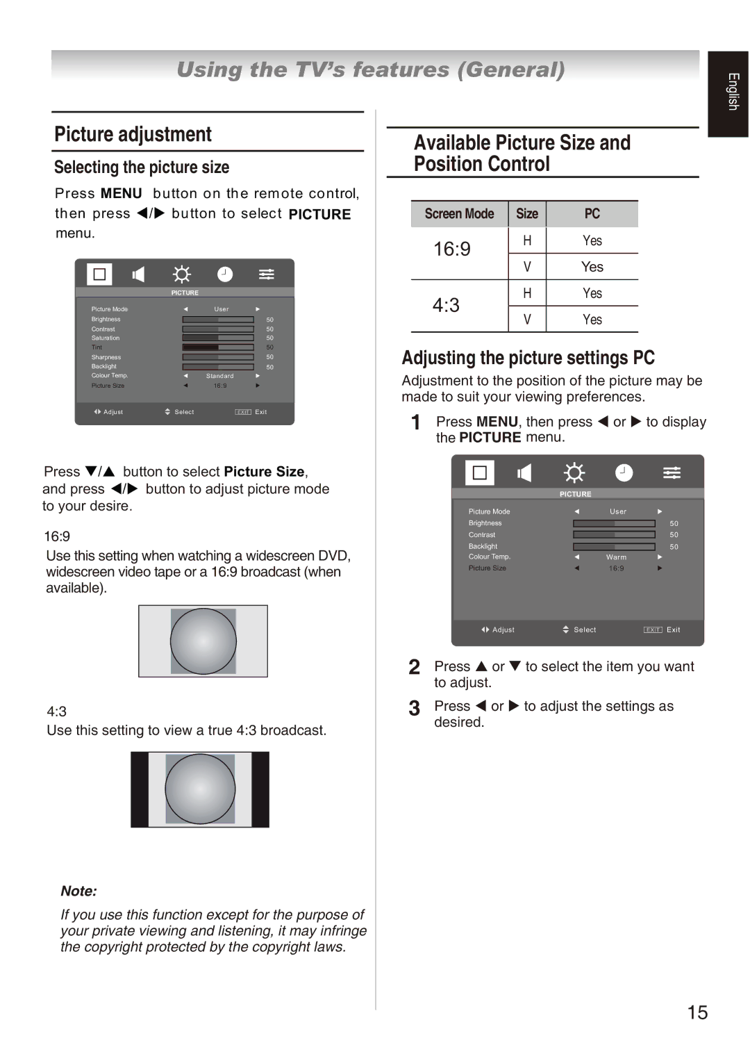 Toshiba 32AV800E, 32AV800T, 32AV800V owner manual Using the TV’s features General, Picture adjustment 