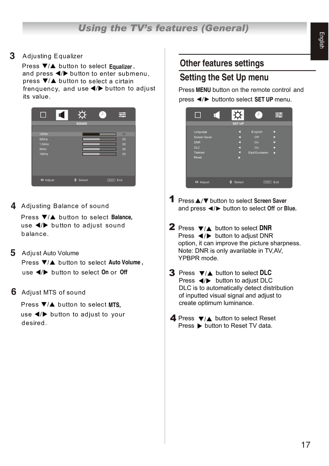 Toshiba 32AV800V, 32AV800E, 32AV800T owner manual Other features settings, Setting the Set Up menu 