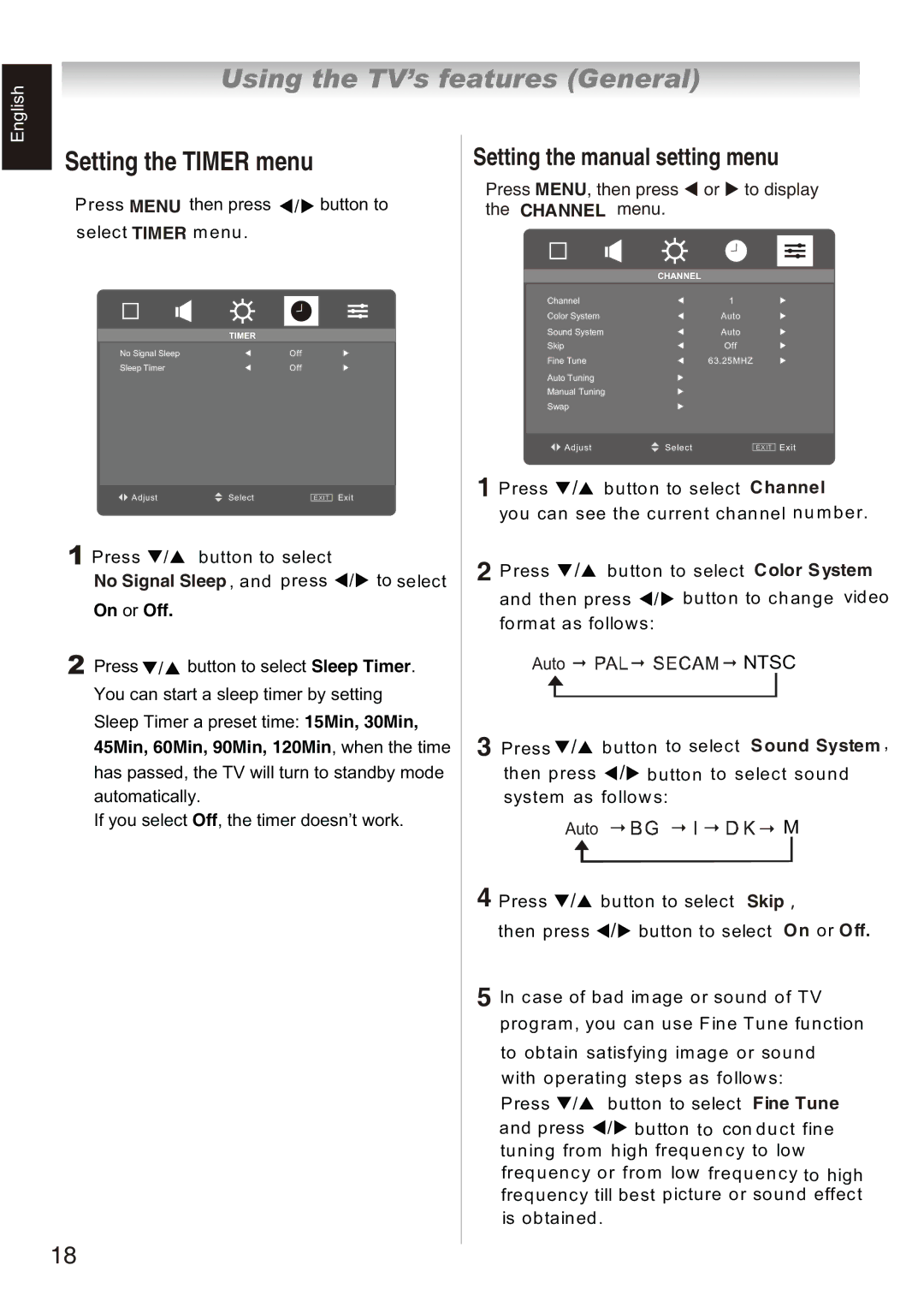 Toshiba 32AV800E Setting the Timer menu, Setting the manual setting menu, Press MENU, then press To display Channel menu 