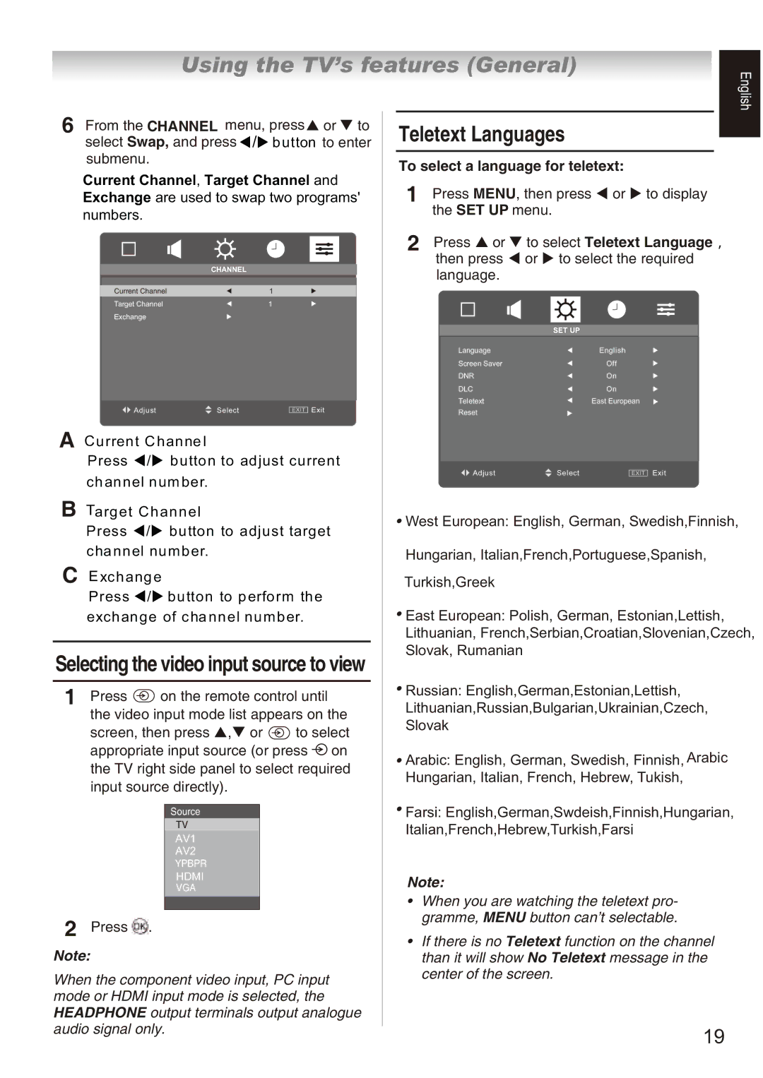 Toshiba 32AV800T, 32AV800E, 32AV800V owner manual Teletext Languages 