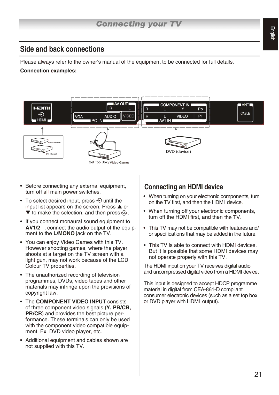 Toshiba 32AV800E, 32AV800T, 32AV800V owner manual Connecting your TV, Side and back connections, Connecting an Hdmi device 