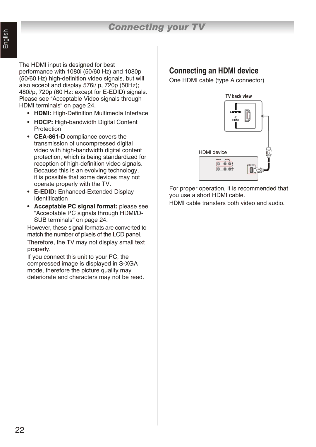 Toshiba 32AV800T, 32AV800E, 32AV800V owner manual One Hdmi cable type a connector 