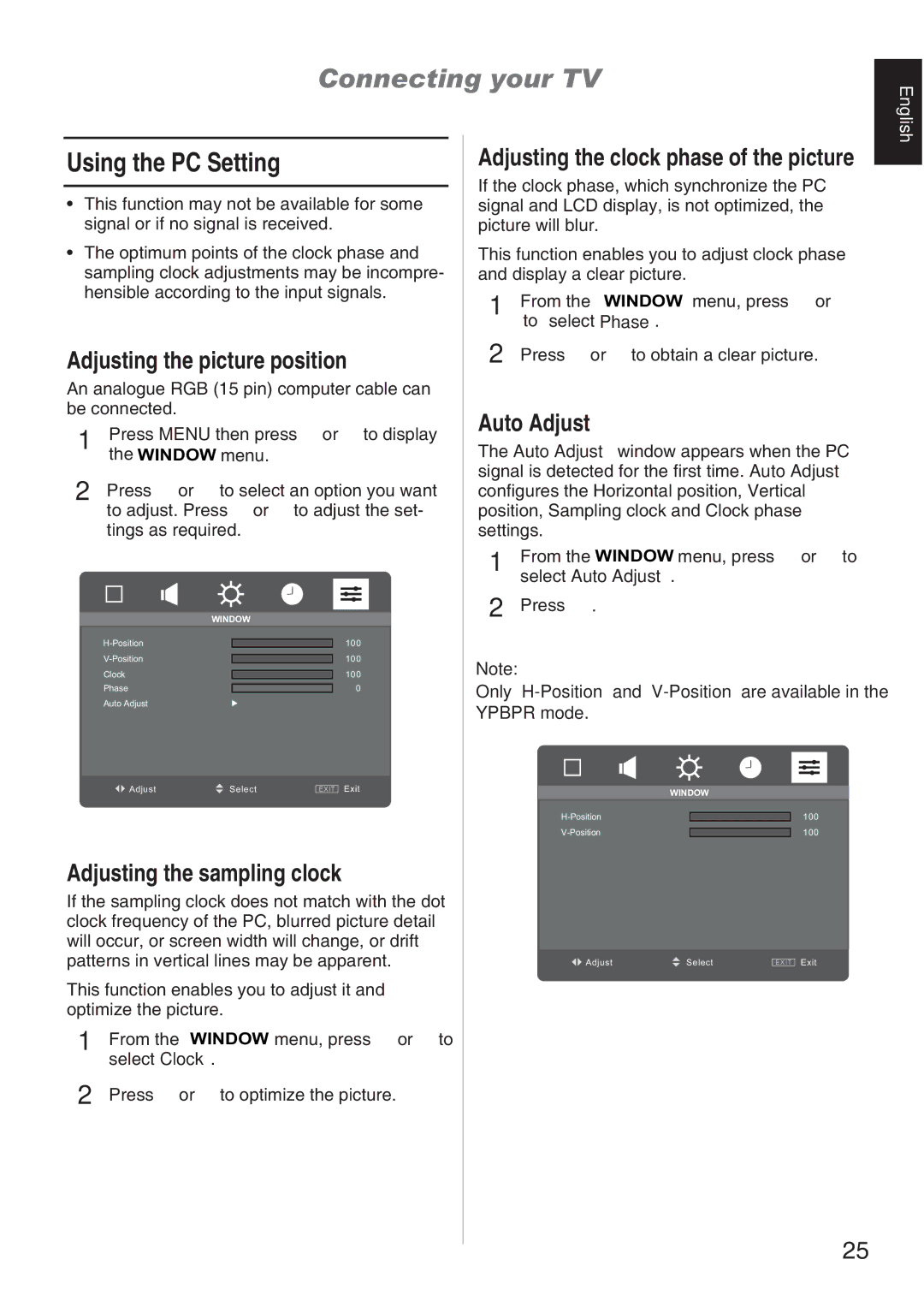 Toshiba 32AV800T Connecting your TV, Using the PC Setting, Adjusting the picture position, Adjusting the sampling clock 