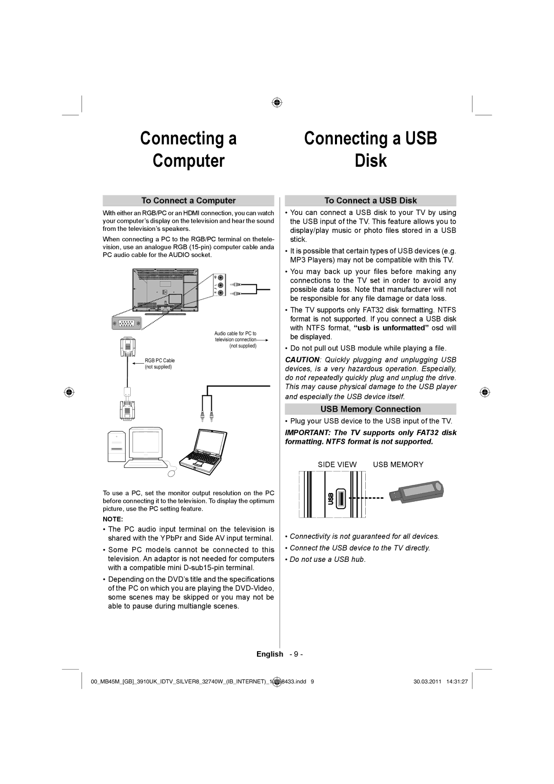 Toshiba 32BV500B owner manual To Connect a Computer, To Connect a USB Disk, USB Memory Connection 