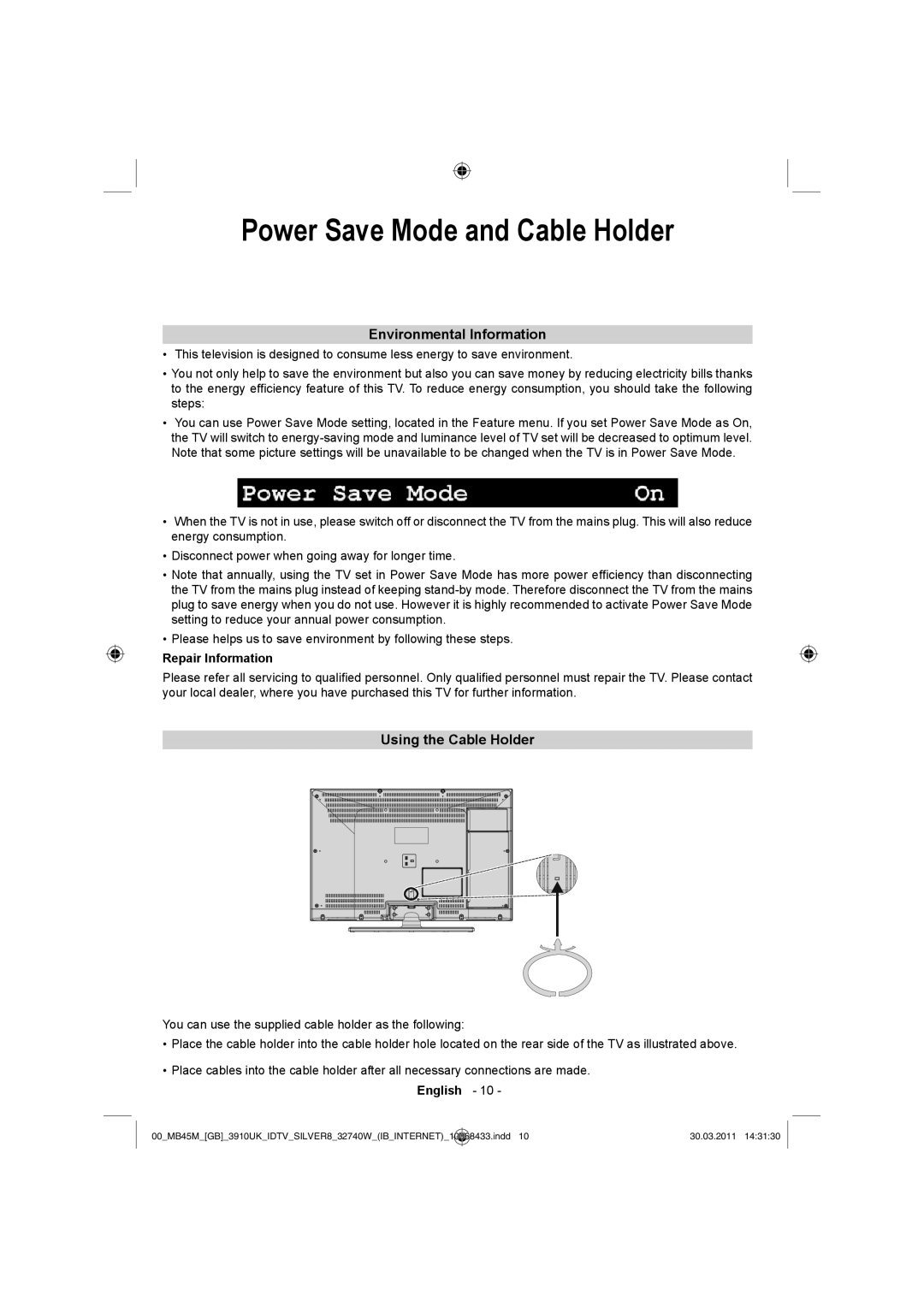 Toshiba 32BV500B Power Save Mode and Cable Holder, Environmental Information, Using the Cable Holder, Repair Information 