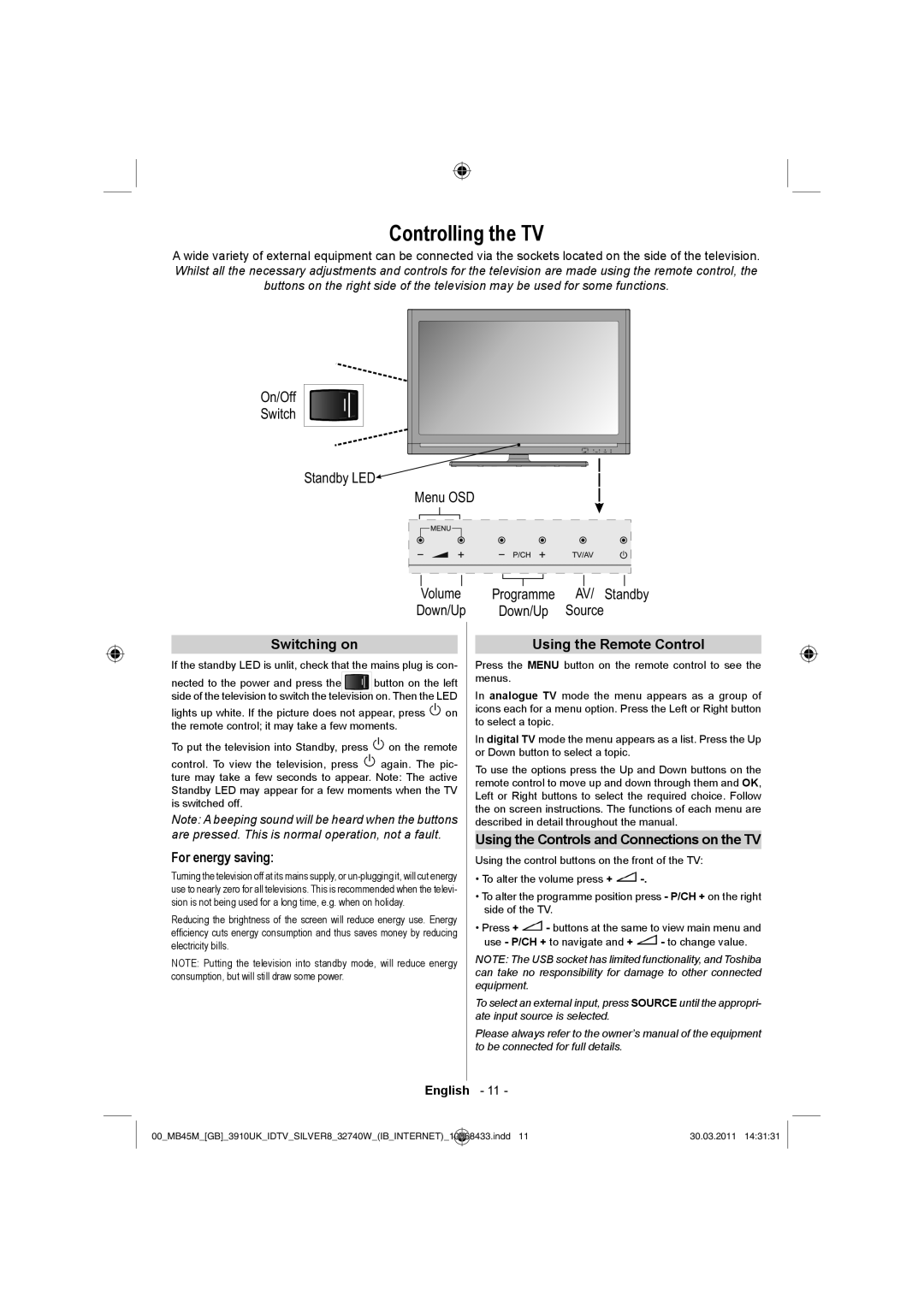 Toshiba 32BV500B owner manual Controlling the TV, Switching on, For energy saving, Using the Remote Control 