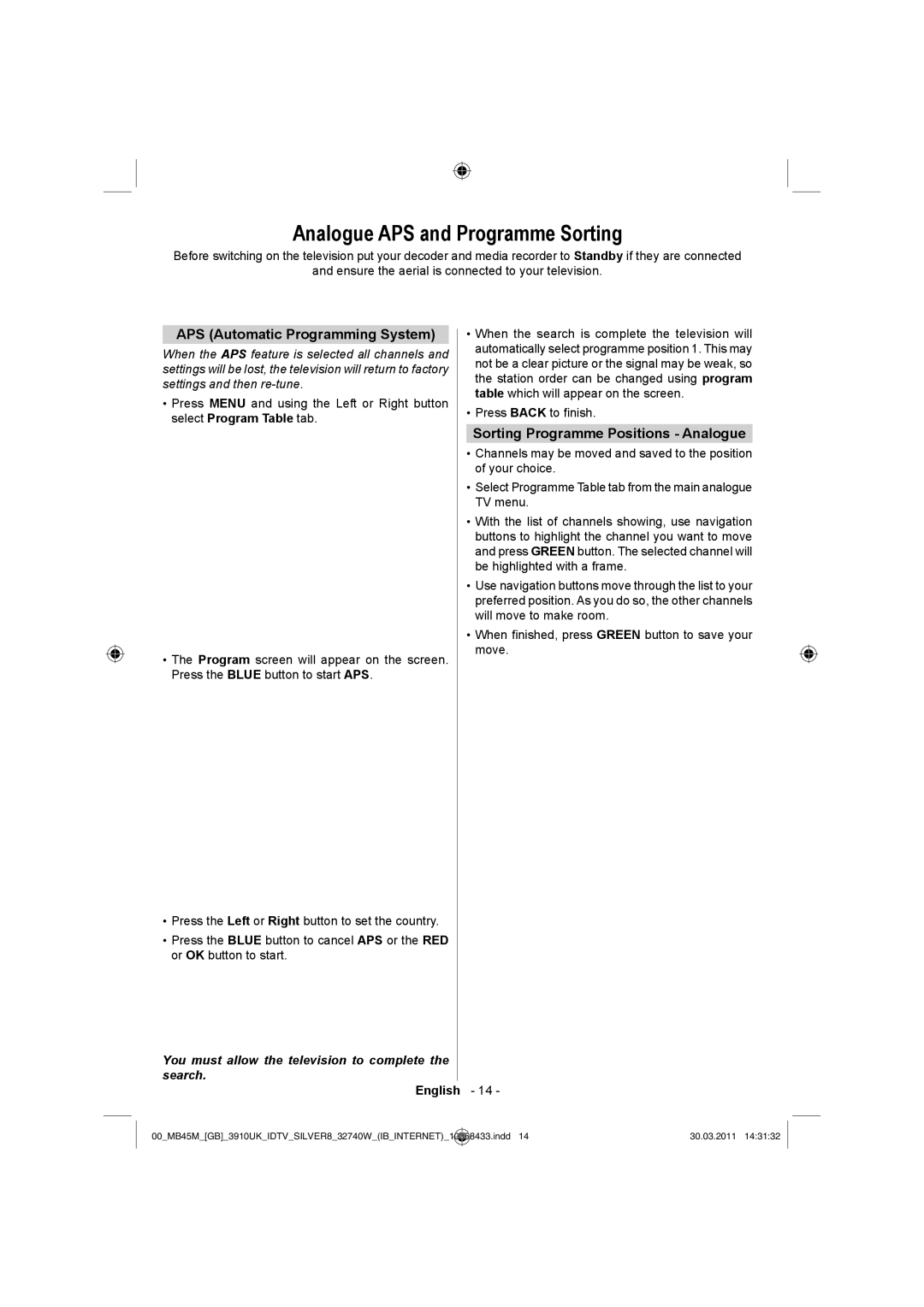 Toshiba 32BV500B owner manual Analogue APS and Programme Sorting, APS Automatic Programming System 