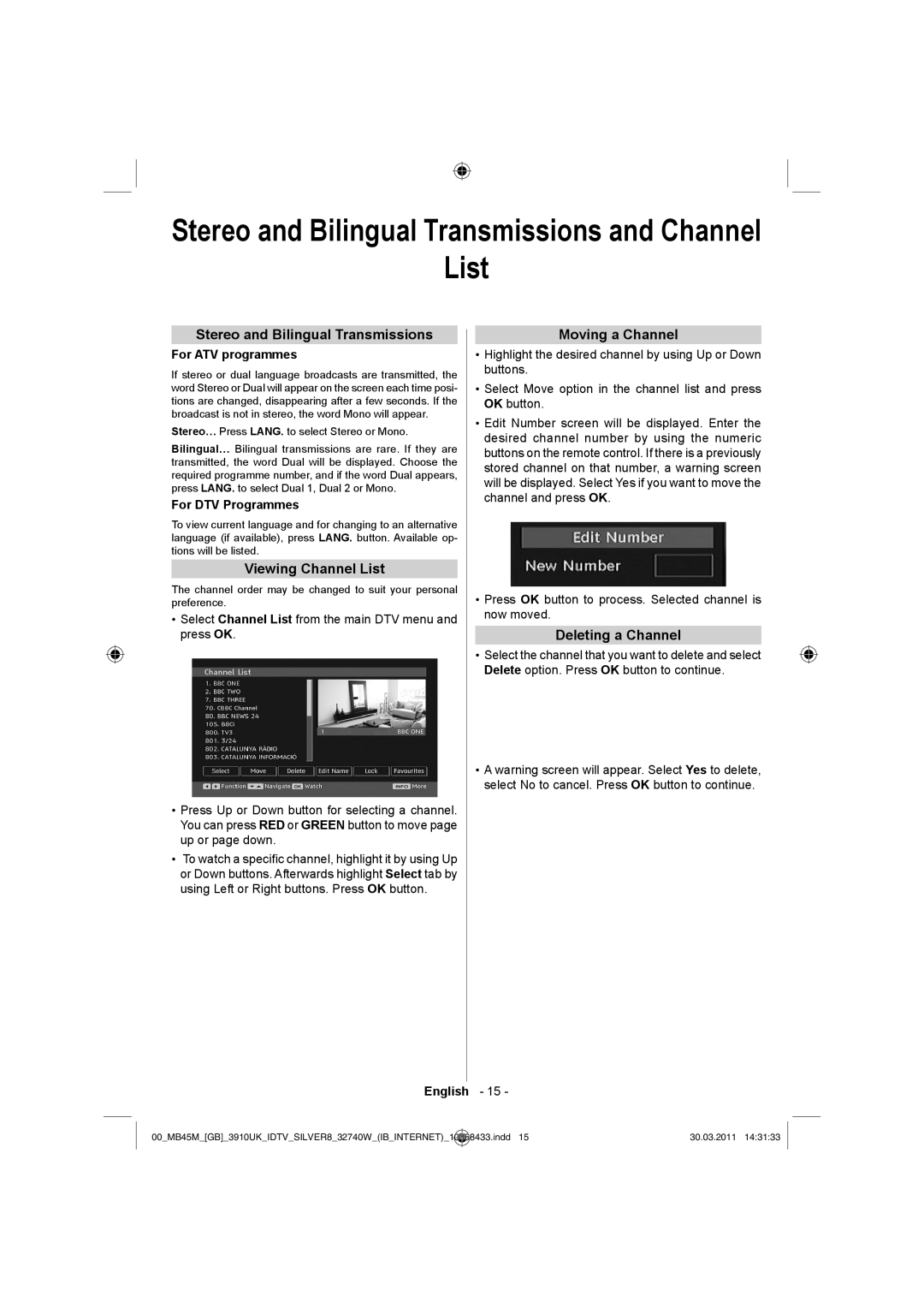 Toshiba 32BV500B owner manual Stereo and Bilingual Transmissions and Channel List, Viewing Channel List, Moving a Channel 