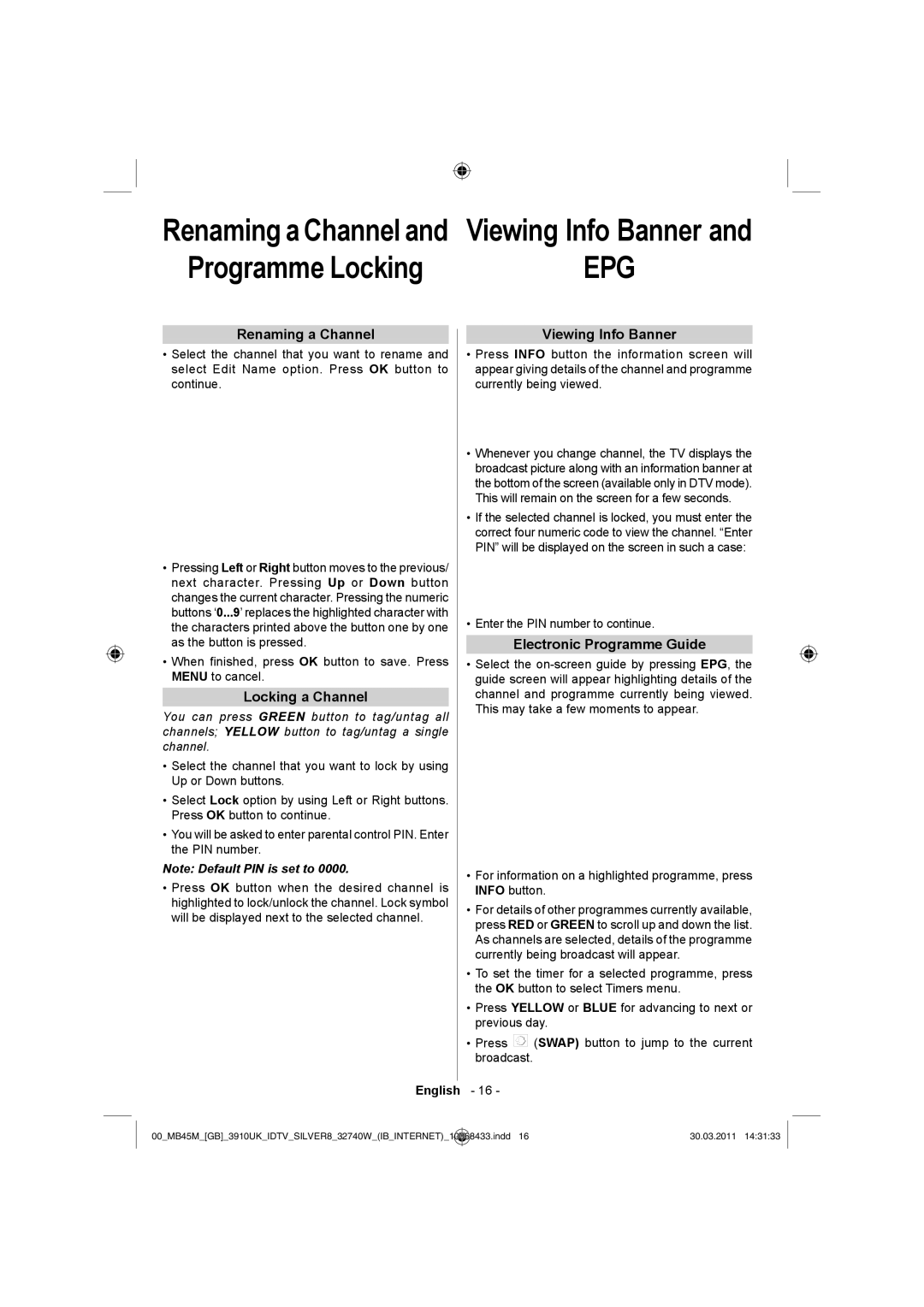 Toshiba 32BV500B owner manual Renaming a Channel, Locking a Channel, Viewing Info Banner, Electronic Programme Guide 