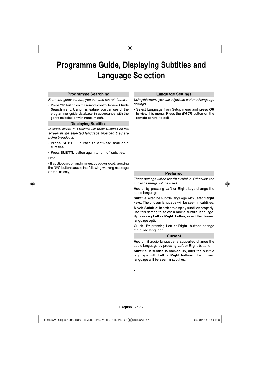 Toshiba 32BV500B owner manual Programme Guide, Displaying Subtitles Language Selection 