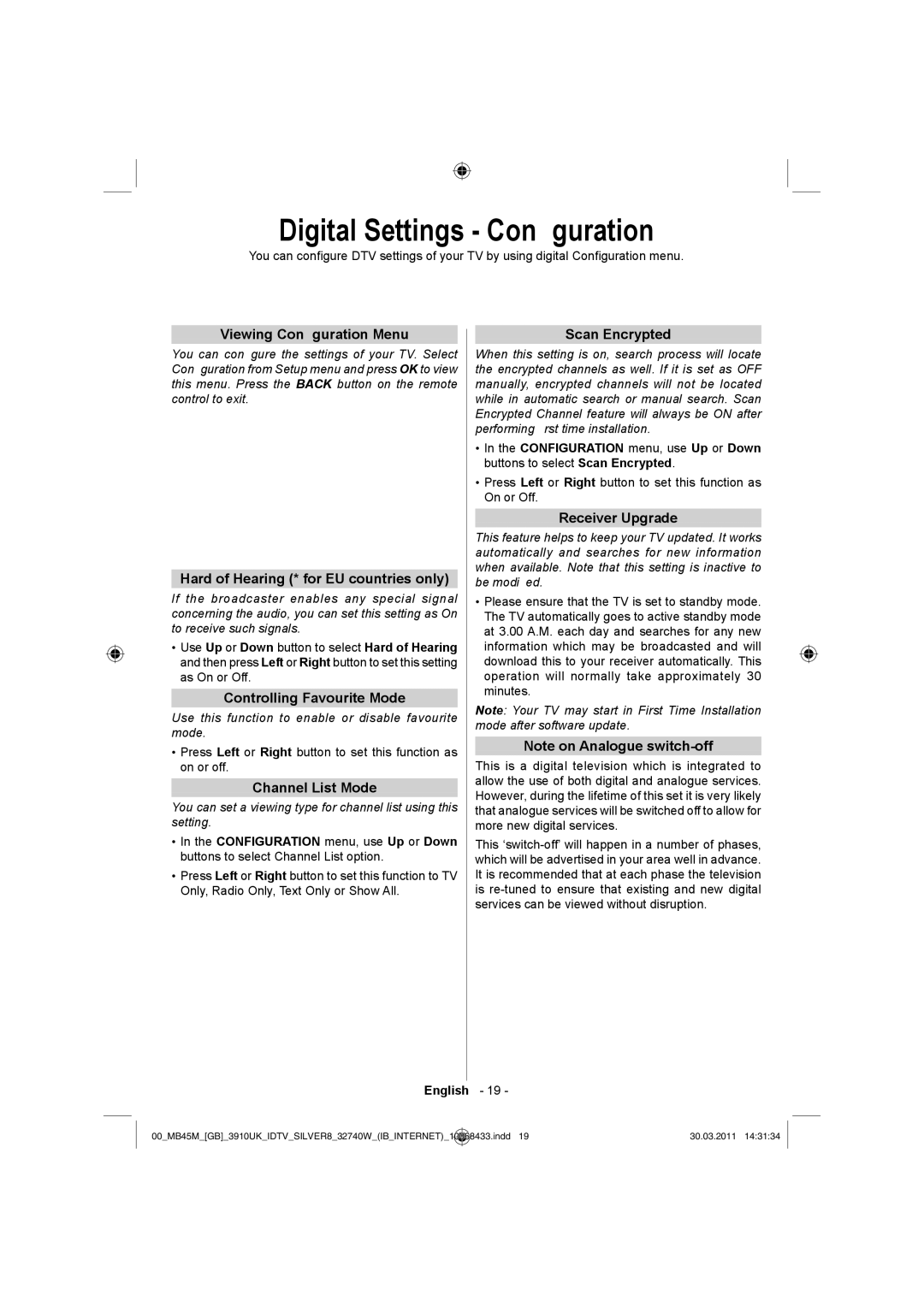 Toshiba 32BV500B owner manual Digital Settings Conﬁguration 