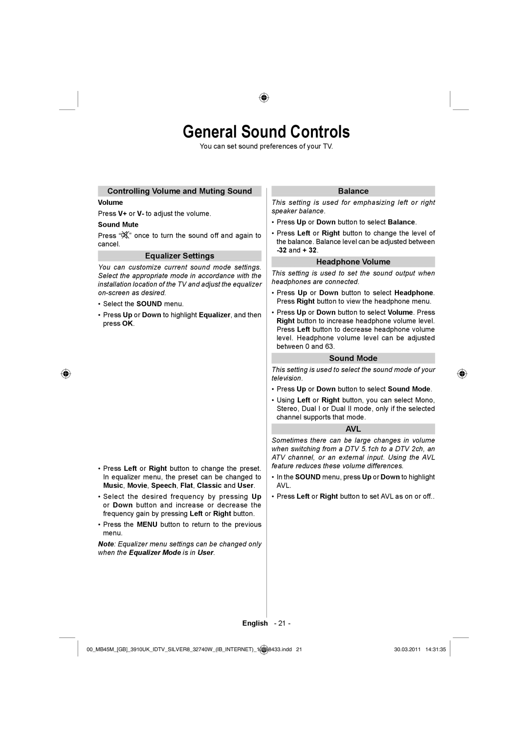 Toshiba 32BV500B owner manual General Sound Controls 