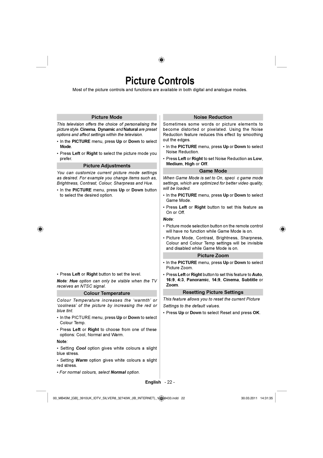 Toshiba 32BV500B owner manual Picture Controls 