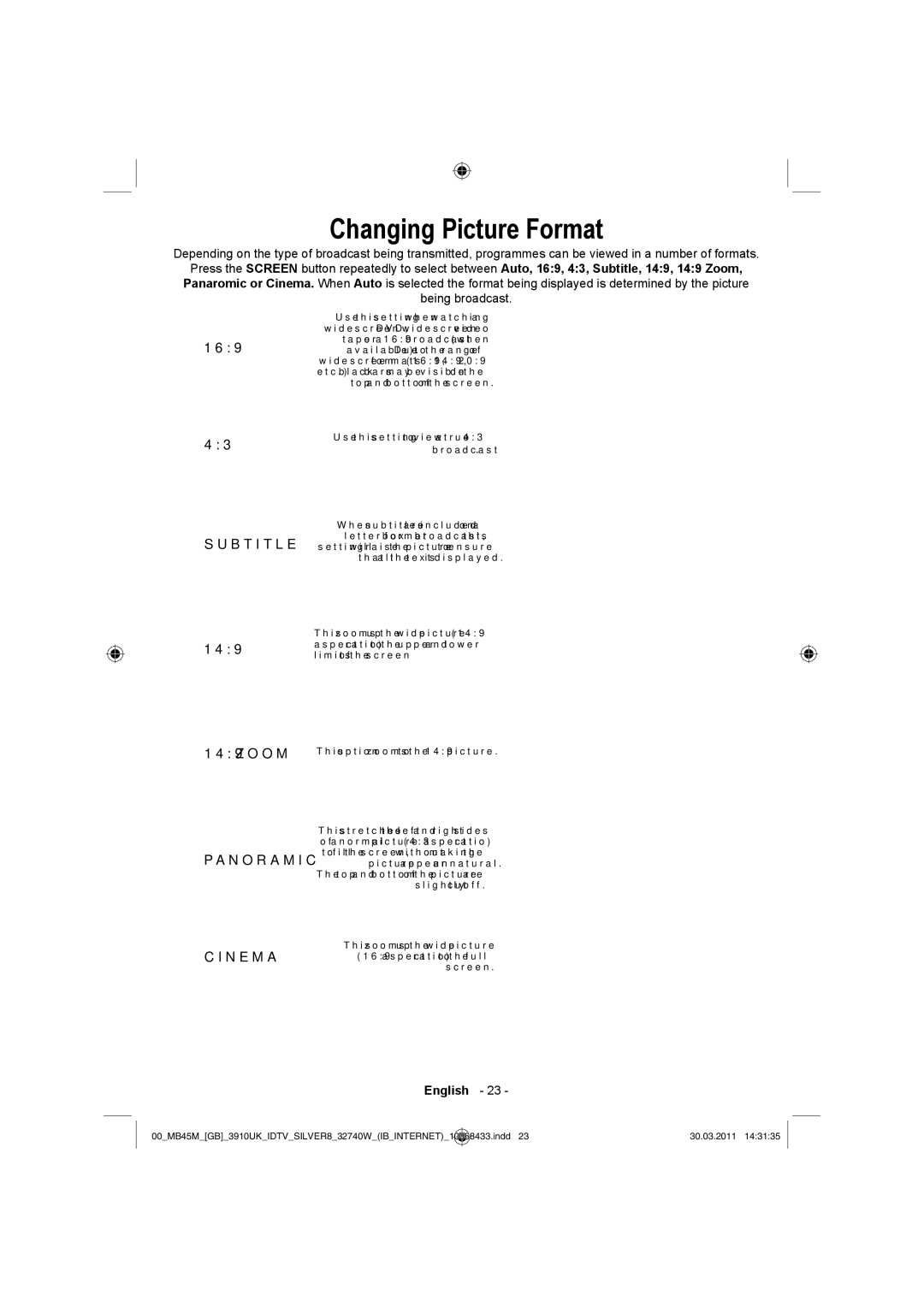 Toshiba 32BV500B owner manual Changing Picture Format 