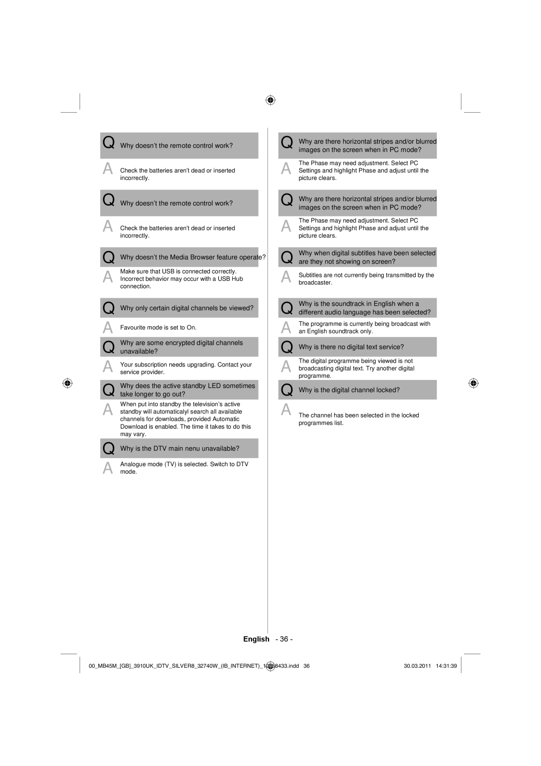 Toshiba 32BV500B owner manual Why doesnt the remote control work? 