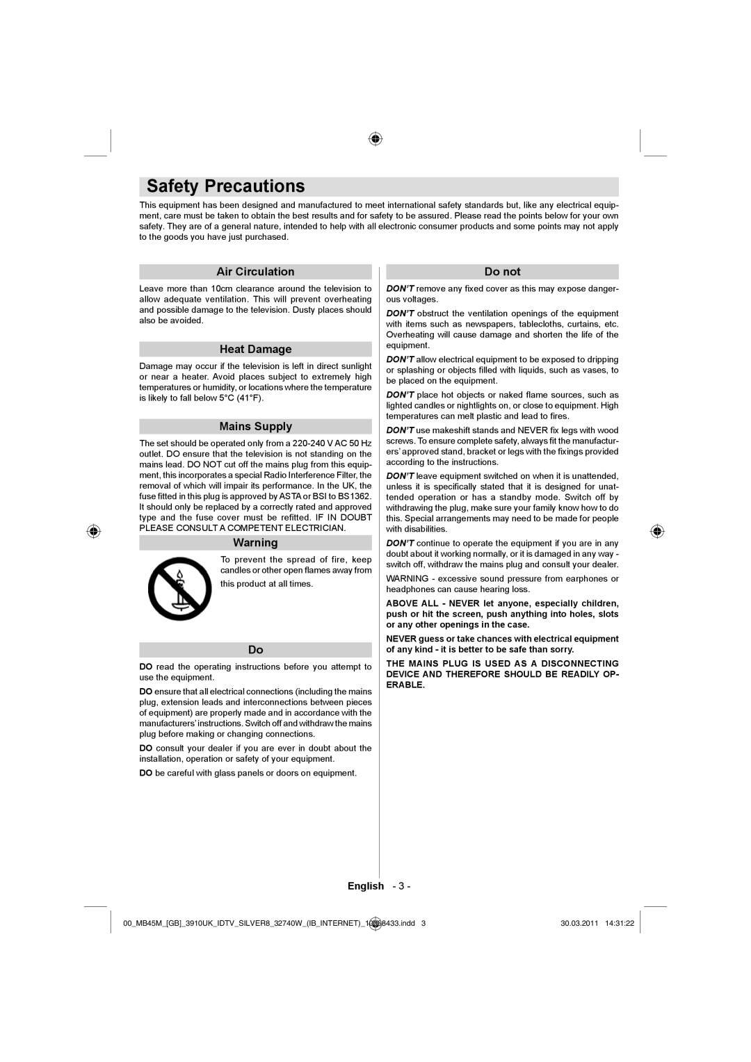 Toshiba 32BV500B owner manual Safety Precautions, Air Circulation, Heat Damage, Mains Supply, Do not 