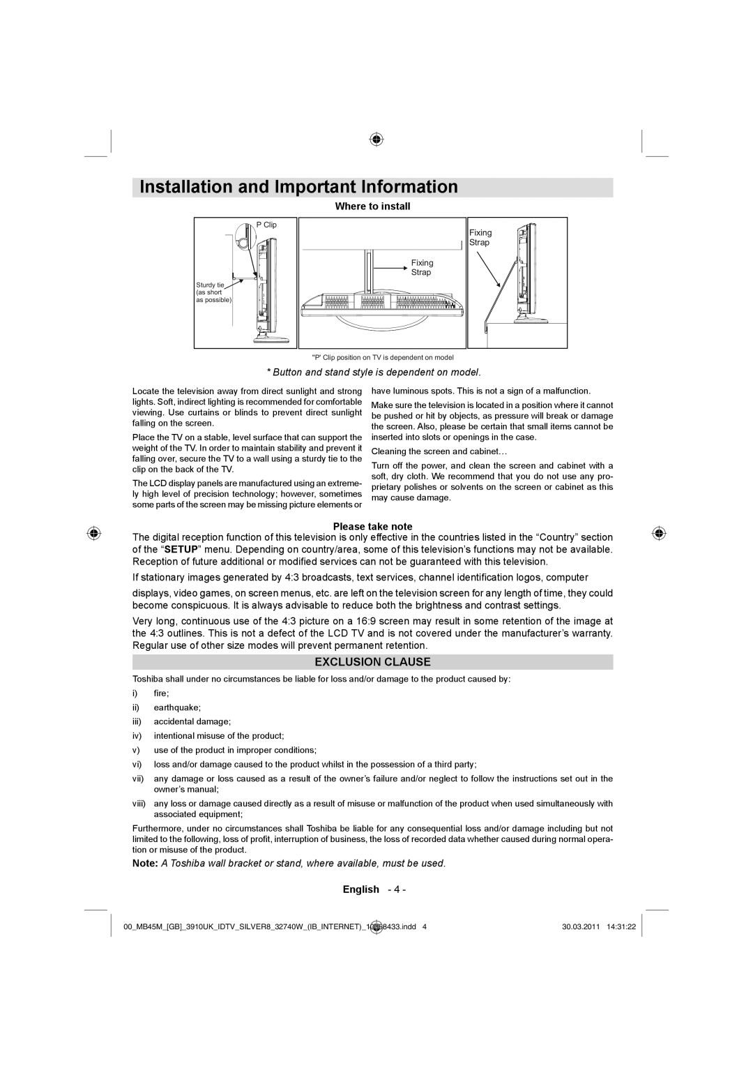 Toshiba 32BV500B owner manual Installation and Important Information, Where to install, Please take note 