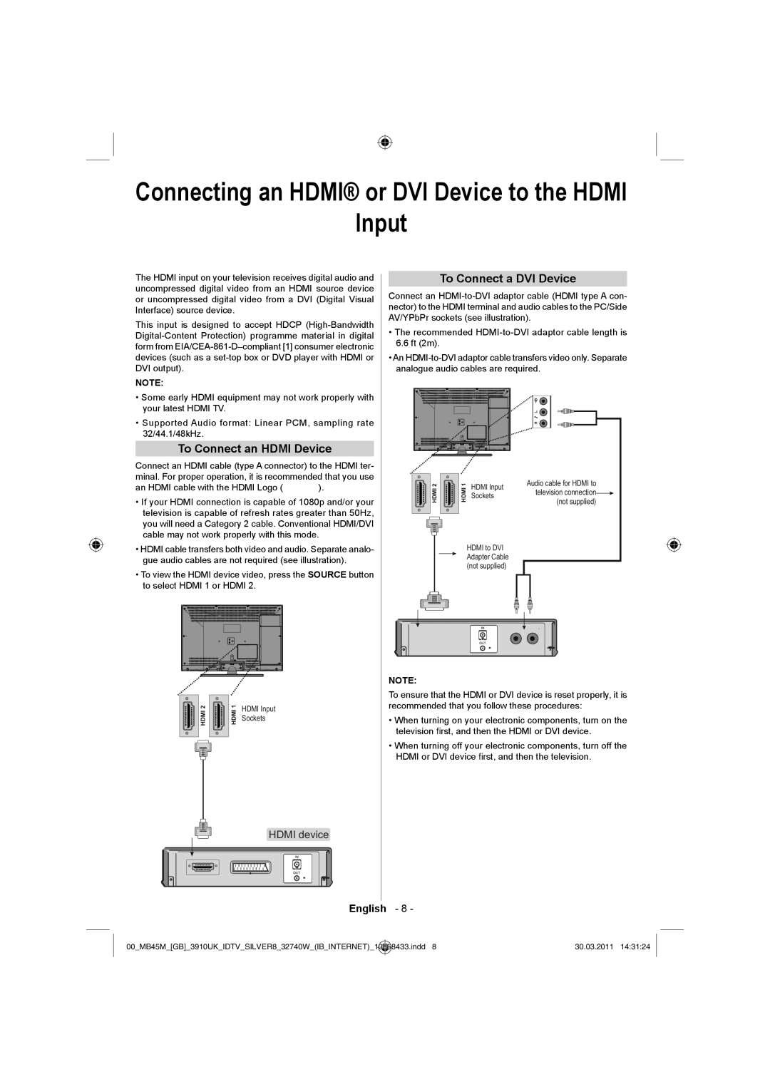 Toshiba 32BV500B Connecting an Hdmi or DVI Device to the Hdmi Input, To Connect an Hdmi Device To Connect a DVI Device 