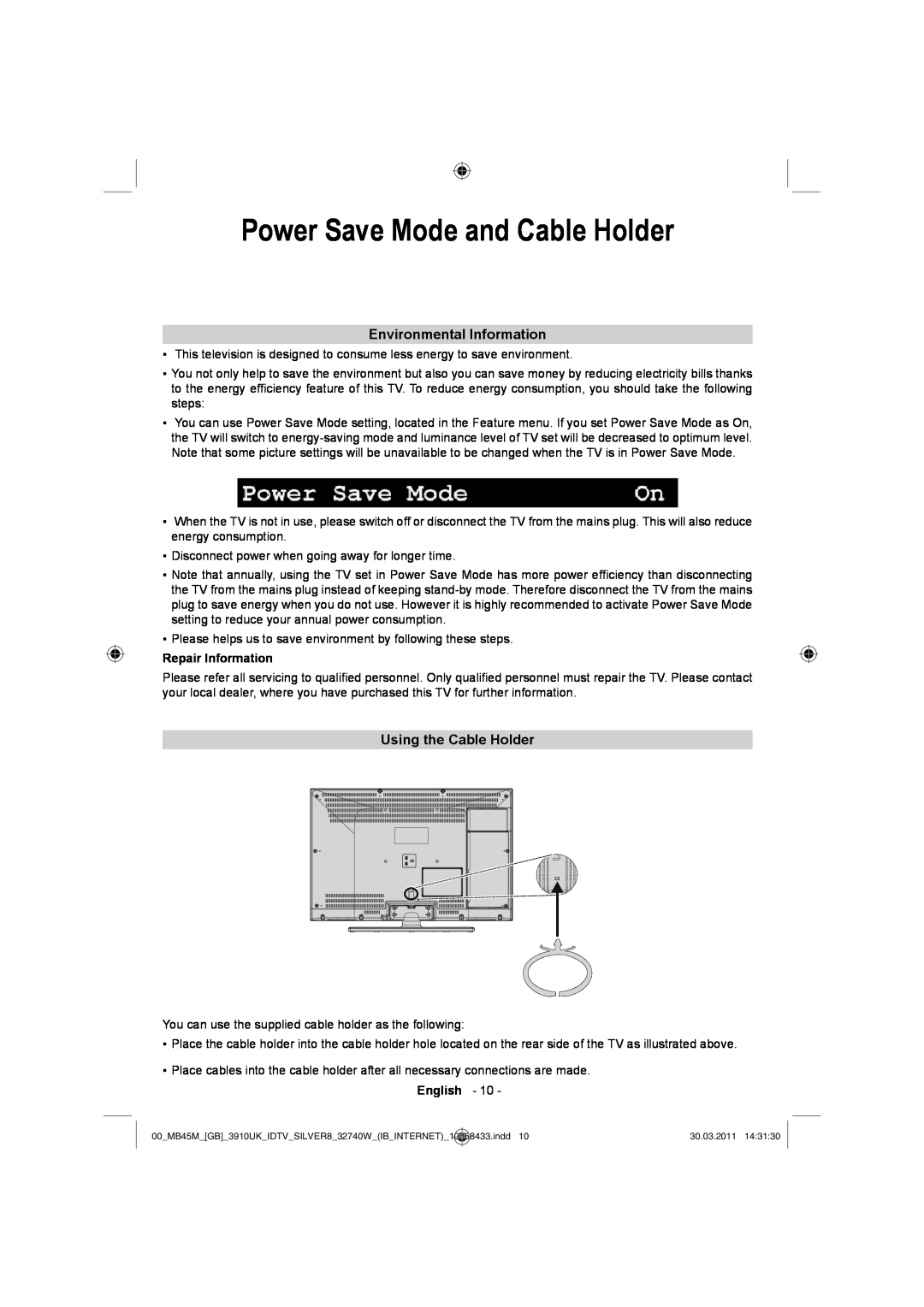 Toshiba 32BV500B owner manual Power Save Mode and Cable Holder, Environmental Information, Using the Cable Holder 