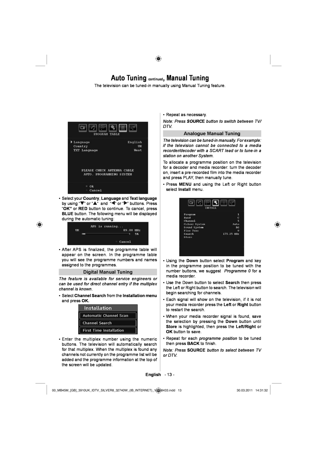 Toshiba 32BV500B owner manual Auto Tuning continued, Manual Tuning, Digital Manual Tuning, Analogue Manual Tuning 