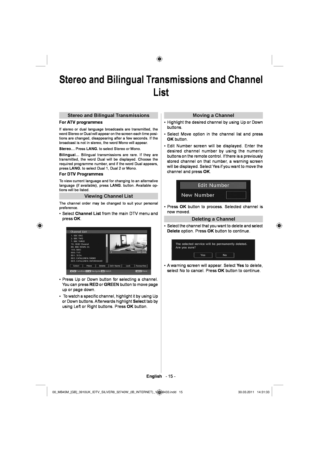 Toshiba 32BV500B owner manual Stereo and Bilingual Transmissions and Channel List, Viewing Channel List, Moving a Channel 