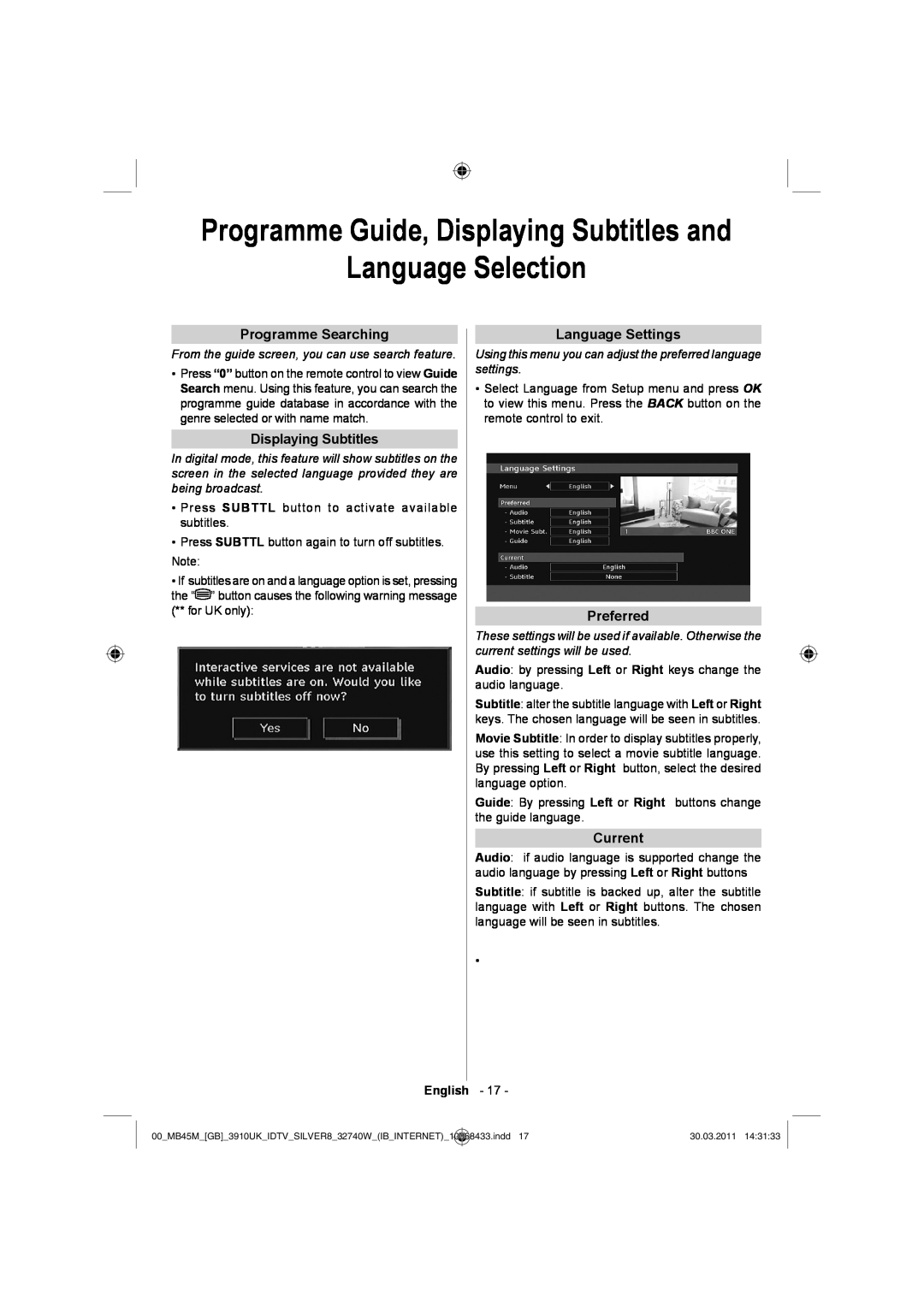 Toshiba 32BV500B Programme Guide, Displaying Subtitles and Language Selection, Programme Searching, Language Settings 
