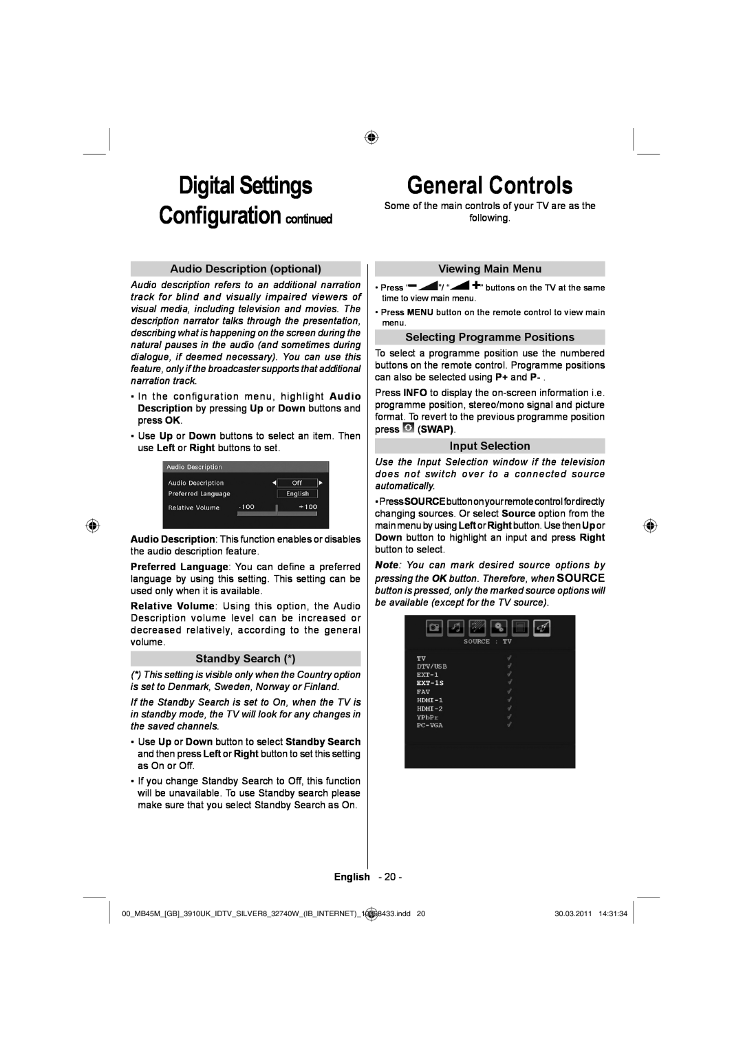 Toshiba 32BV500B Digital Settings Conﬁguration continued, General Controls, Audio Description optional, Standby Search 