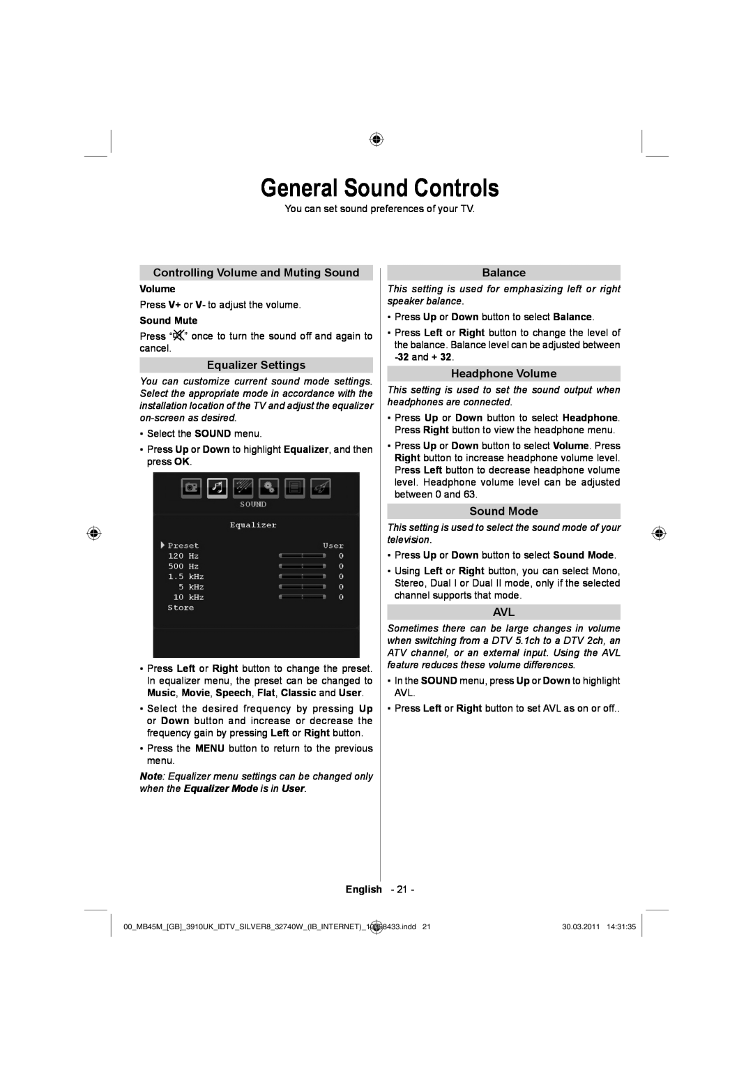 Toshiba 32BV500B General Sound Controls, Controlling Volume and Muting Sound, Equalizer Settings, Balance, Sound Mode 