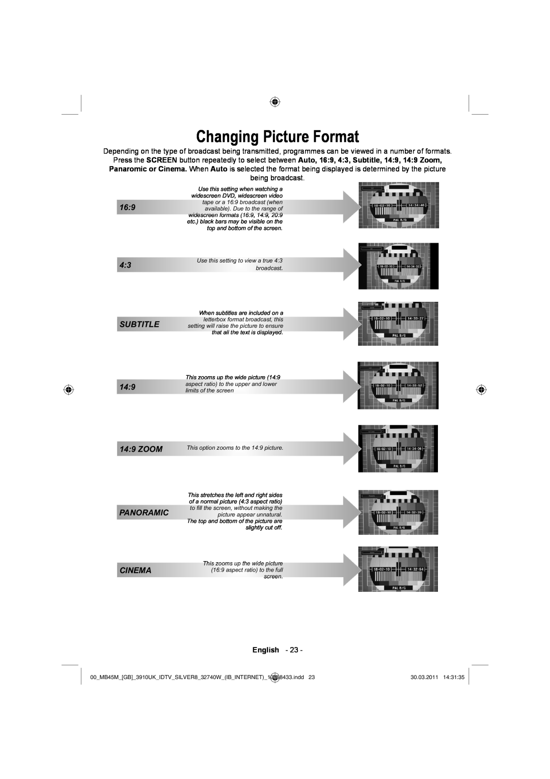 Toshiba 32BV500B owner manual Changing Picture Format, SUBTITLE 149 149 ZOOM PANORAMIC CINEMA 