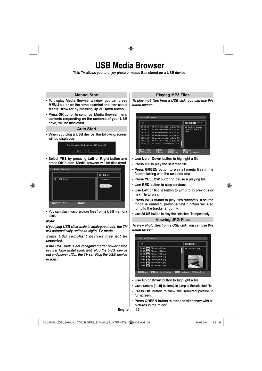 Toshiba 32BV500B owner manual USB Media Browser, Manual Start, Auto Start, Playing MP3 Files, Viewing JPG Files 