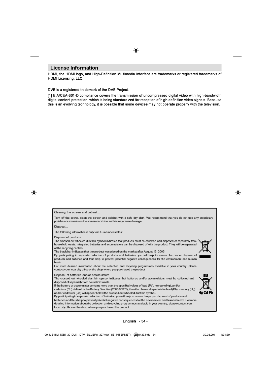 Toshiba 32BV500B owner manual License Information, DVB is a registered trademark of the DVB Project 