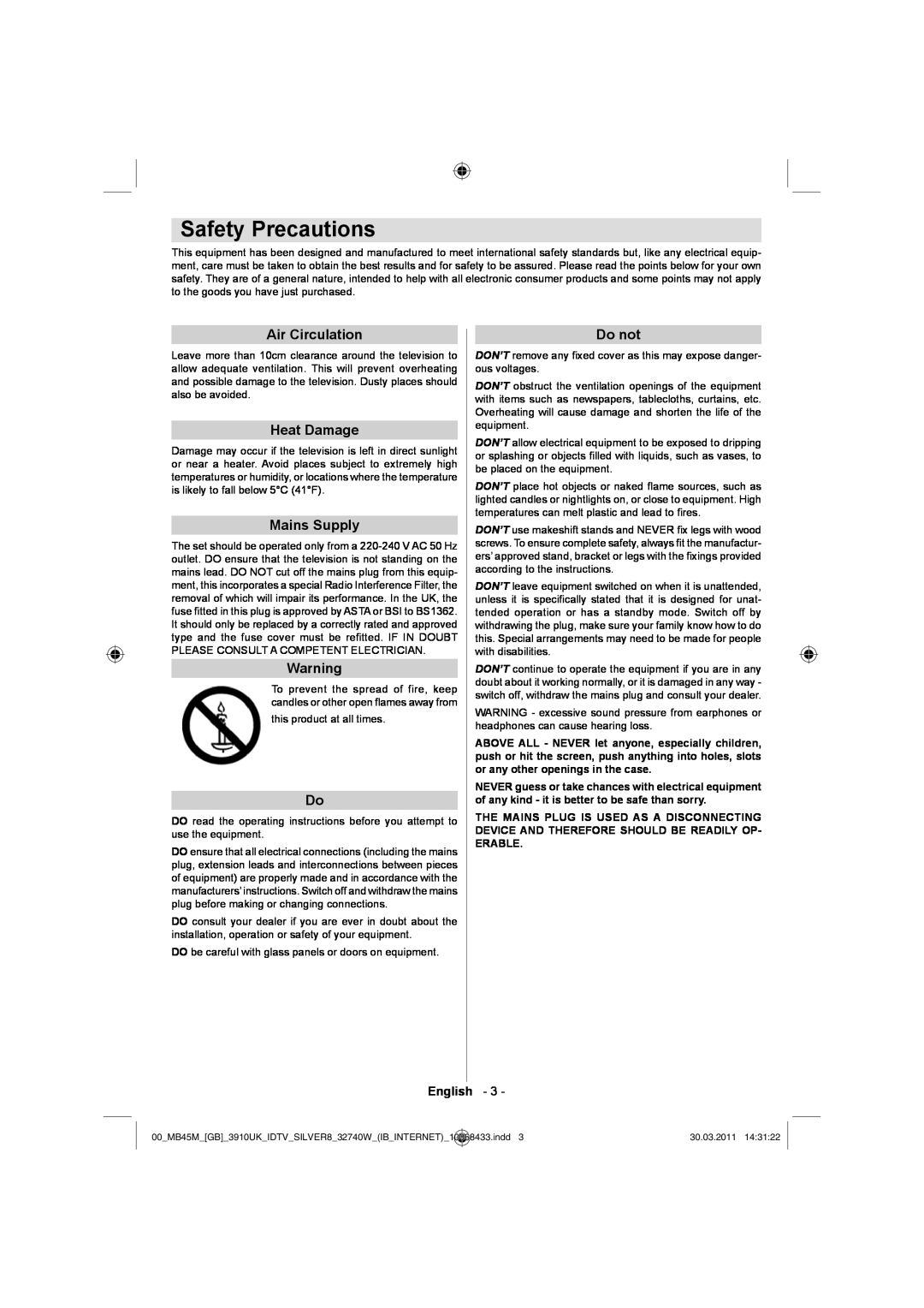 Toshiba 32BV500B owner manual Safety Precautions, Air Circulation, Heat Damage, Mains Supply, Do not 