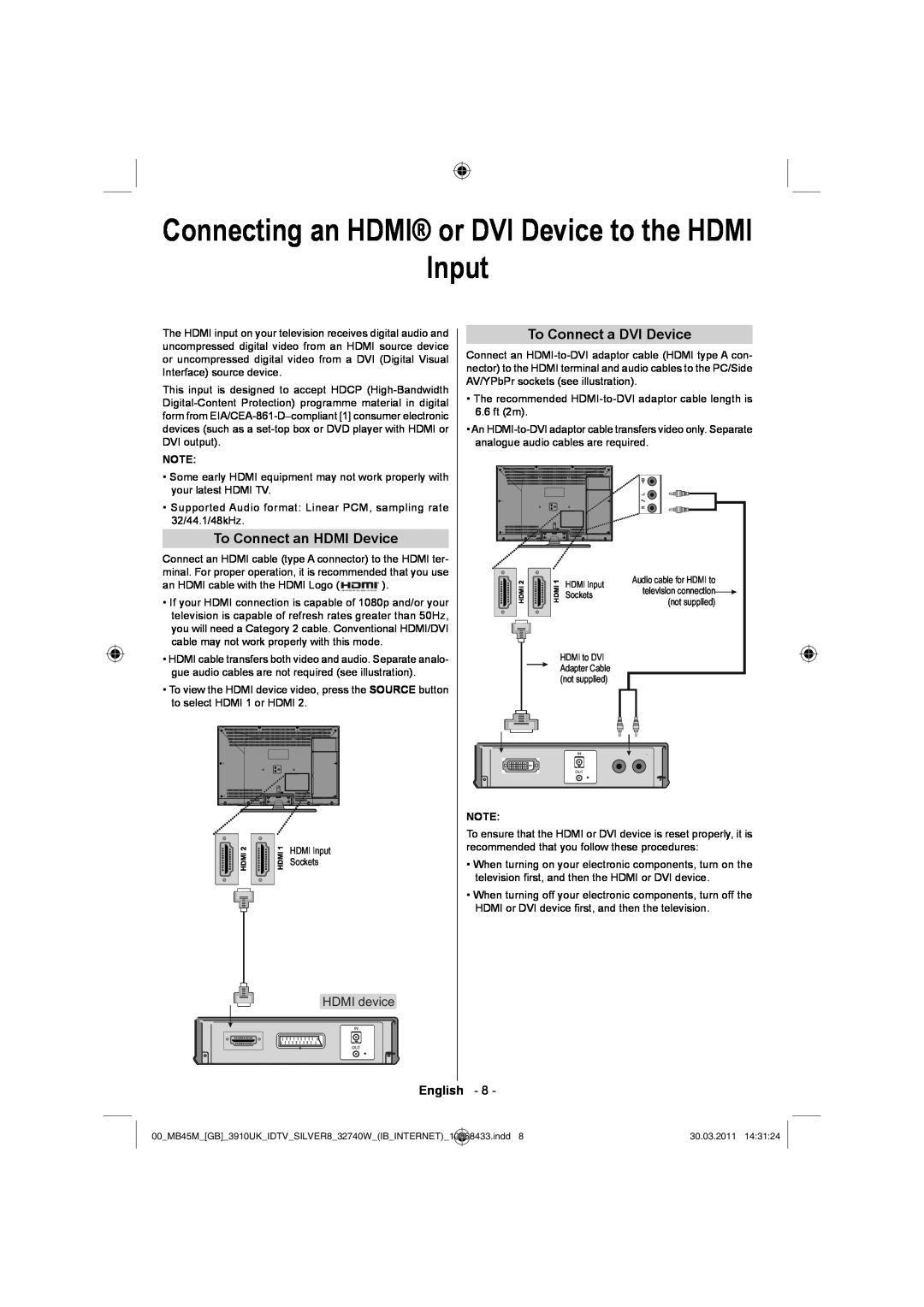 Toshiba 32BV500B Connecting an HDMI or DVI Device to the HDMI Input, To Connect an HDMI Device, To Connect a DVI Device 