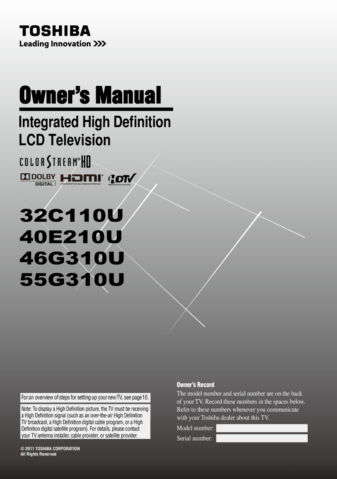 Toshiba owner manual 32C110U 40E210U 46G310U 55G310U 