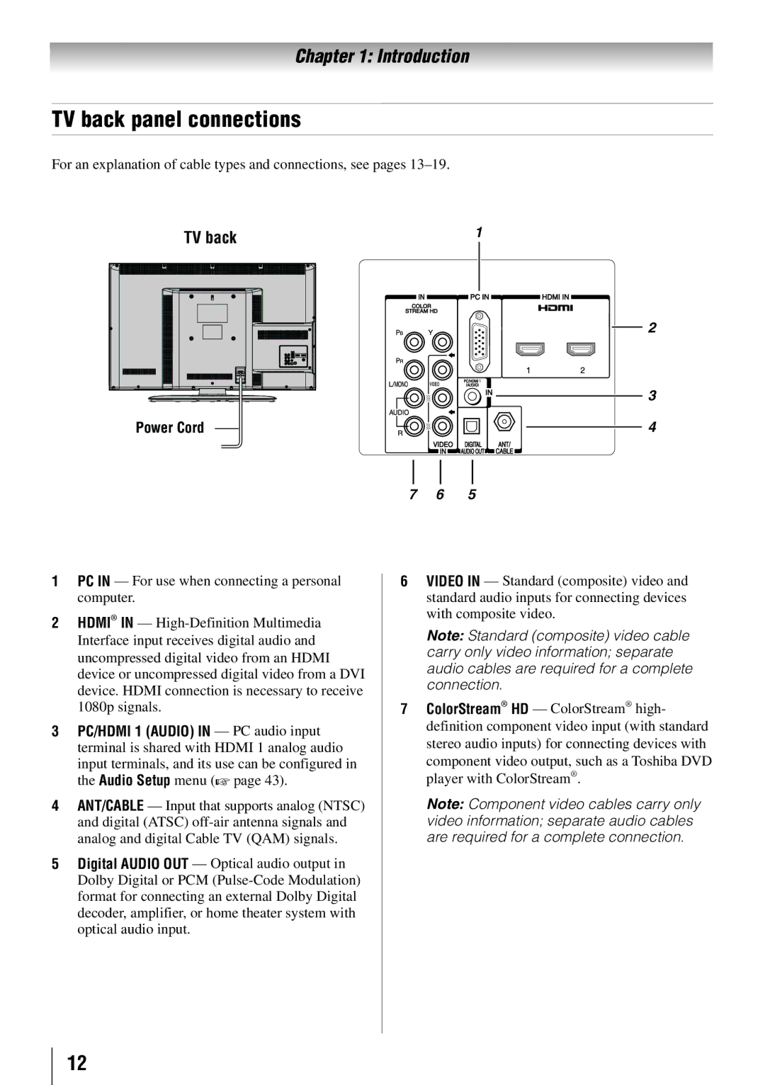 Toshiba 32C110U, 40E210U, 55G310U, 46G310U owner manual TV back panel connections, Power Cord 