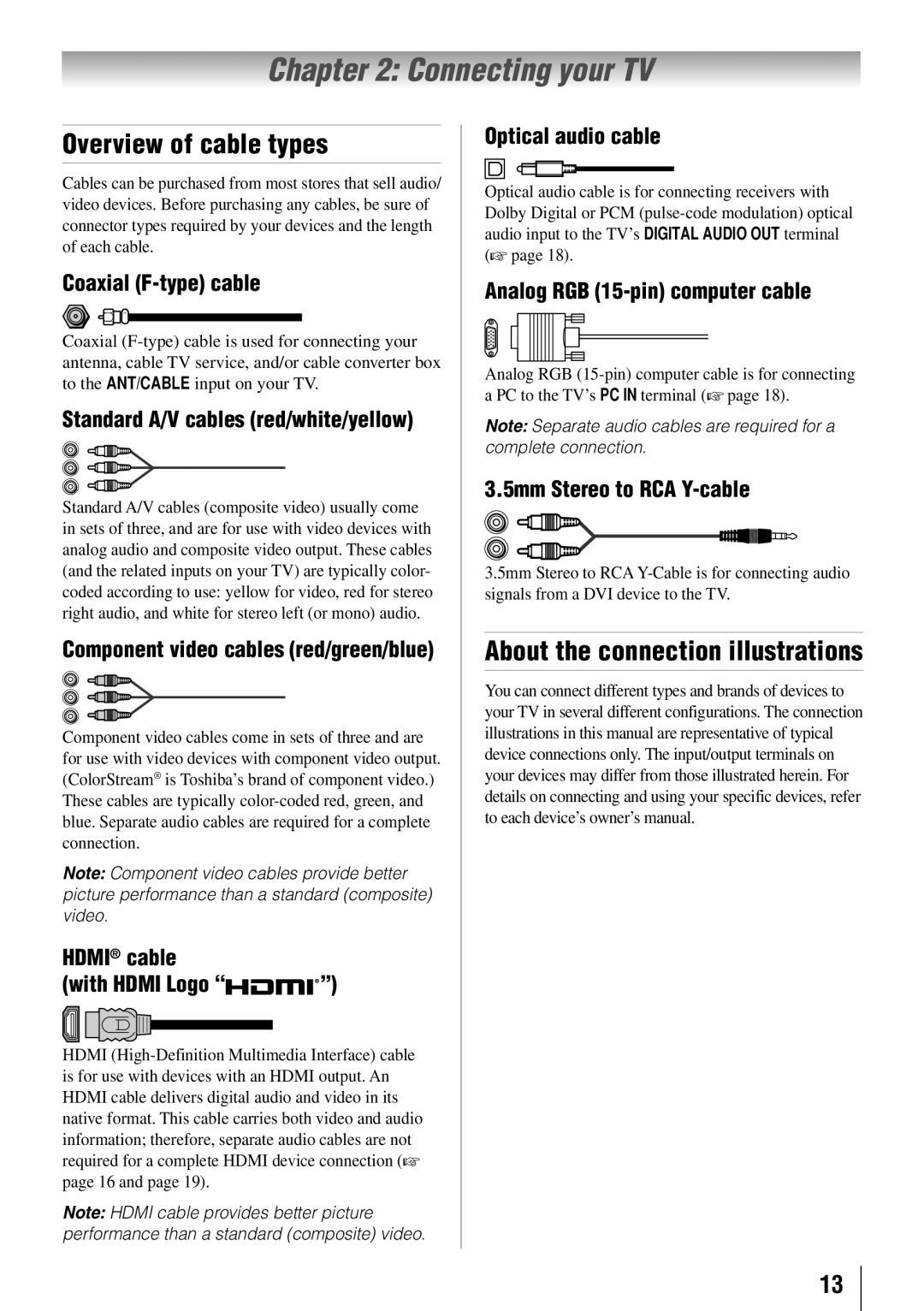 Toshiba 40E210U, 32C110U, 55G310U, 46G310U Connecting your TV, Overview of cable types, About the connection illustrations 