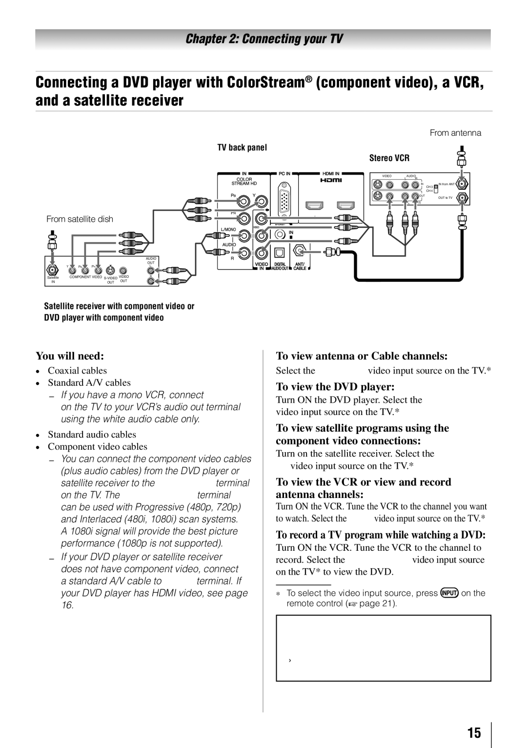 Toshiba 46G310U To view antenna or Cable channels, To view the DVD player, To record a TV program while watching a DVD 